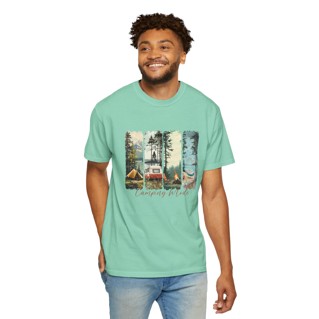 Camping Vibes T-Shirt — 'Camping Mode' Scenic Camper Retro Graphic Tee - Family Adventure Tee - Outdoor Tee - Midnight Eye, LLC