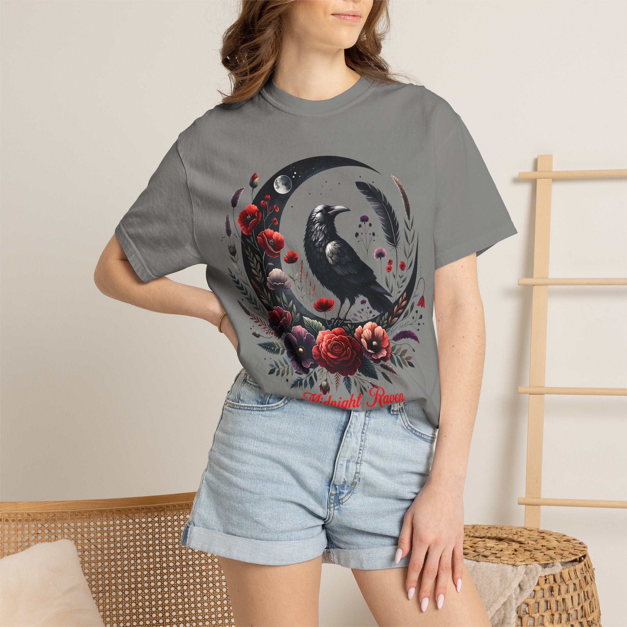 Moon Raven Floral T-Shirt — "Midnight Bloom" Graphic Tee - Mystical Moon Tee - Dark Aesthetic T-Shirt. Midnight Eye, LLC