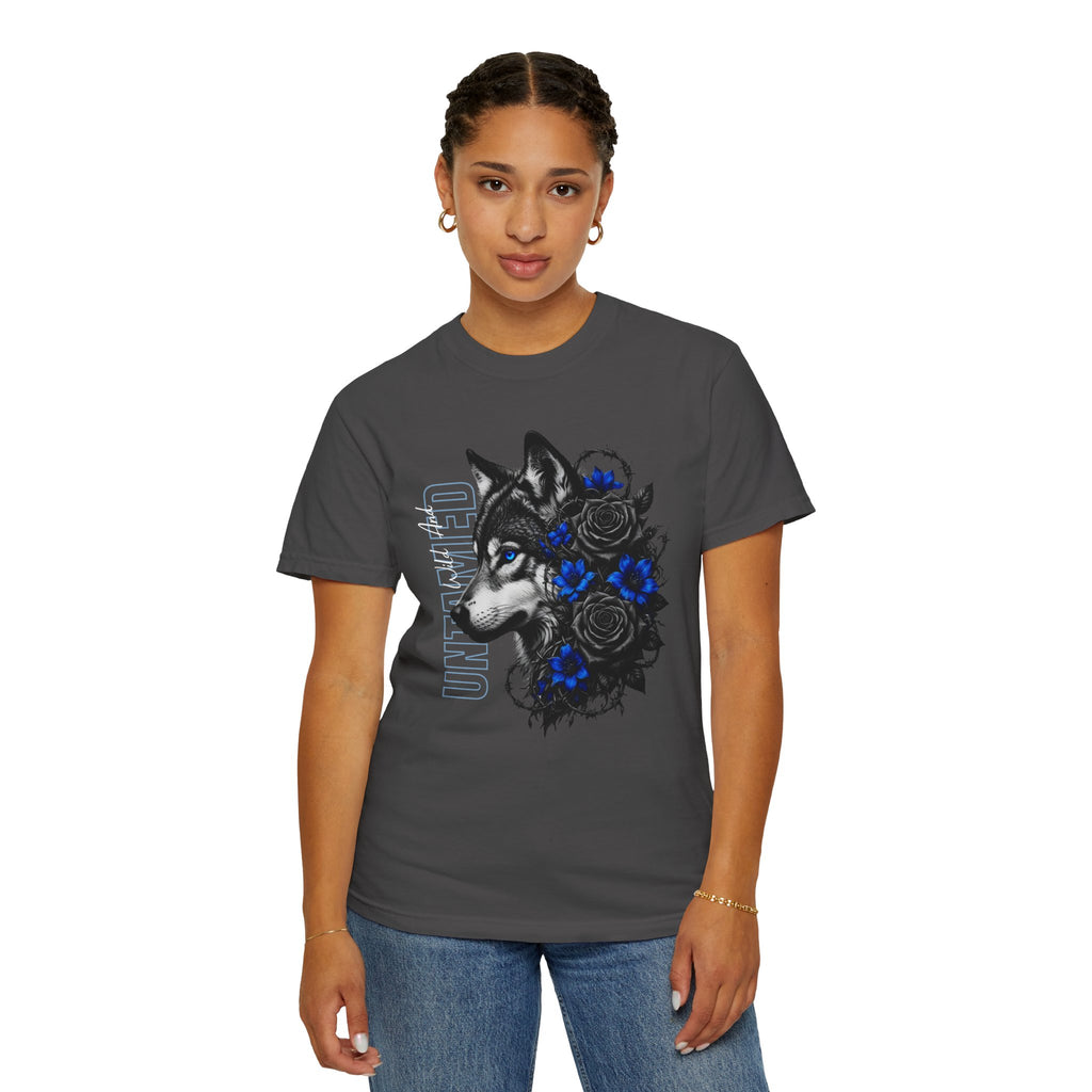 Wolf Floral T-Shirt — "Untamed" Graphic Tee with Blue & Black Roses. Midnight Eye, LLC.
