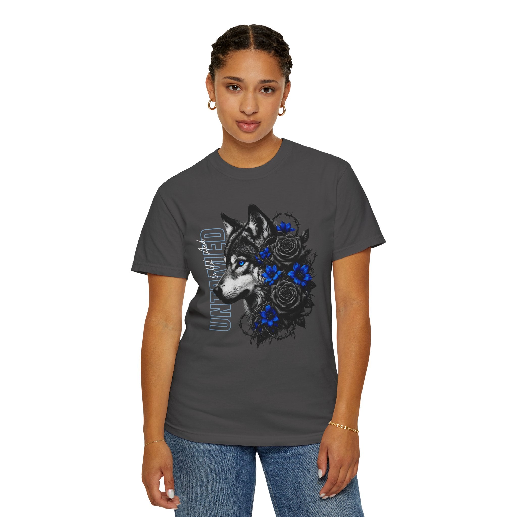 Wolf Floral T-Shirt — "Untamed" Graphic Tee with Blue & Black Roses. Midnight Eye, LLC.