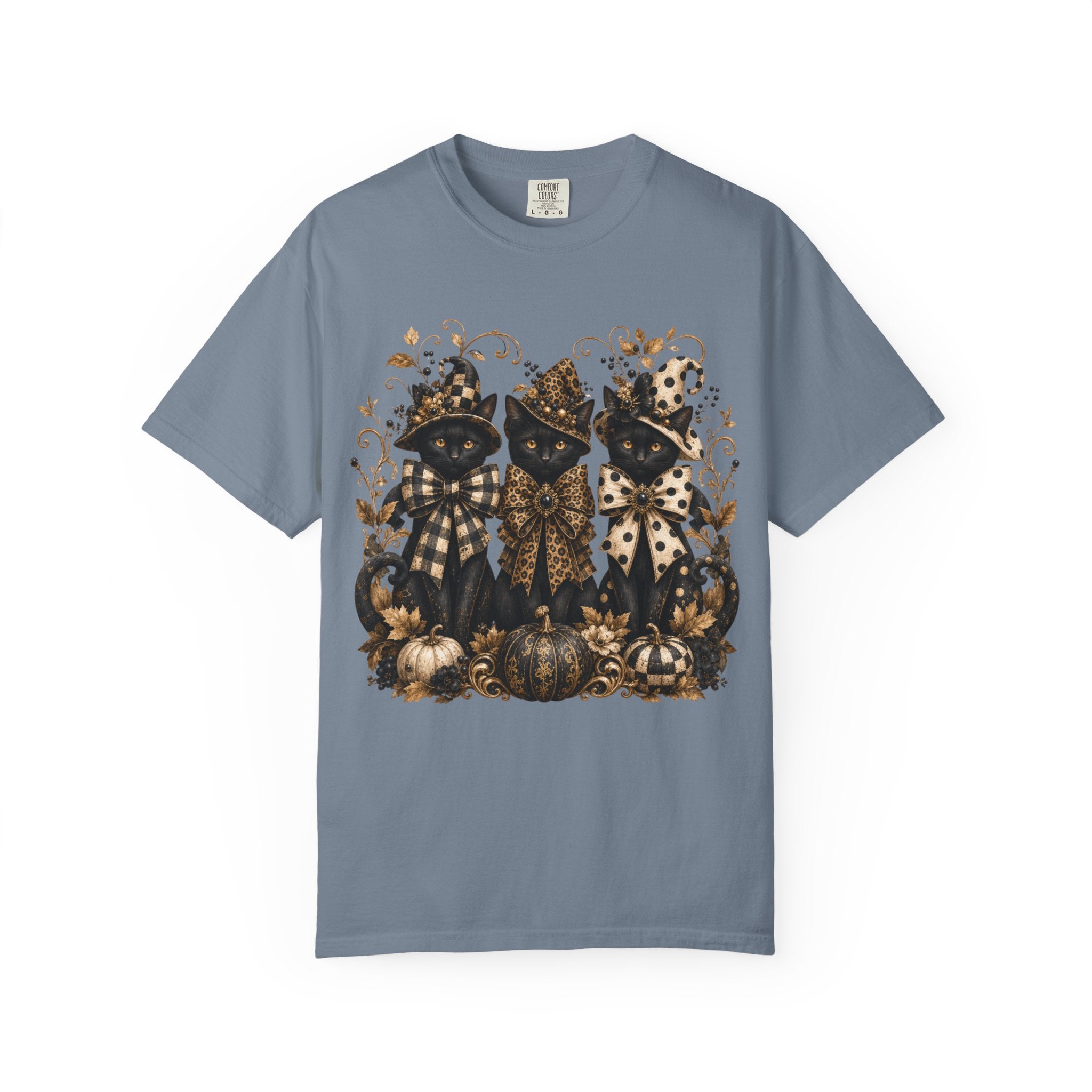 Halloween Black Cats & Pumpkins T-Shirt — Autumn Spooky Vintage Tee. Midnight Eye, LLC
