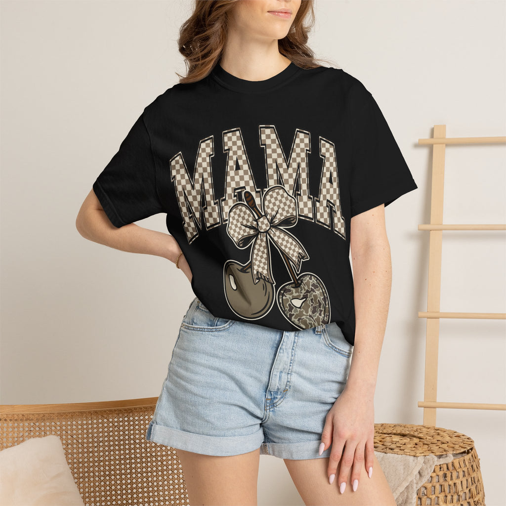 Mama Cherry Graphic T-Shirt — Retro Checkerboard Cherry Design. Midnight Eye, LLC