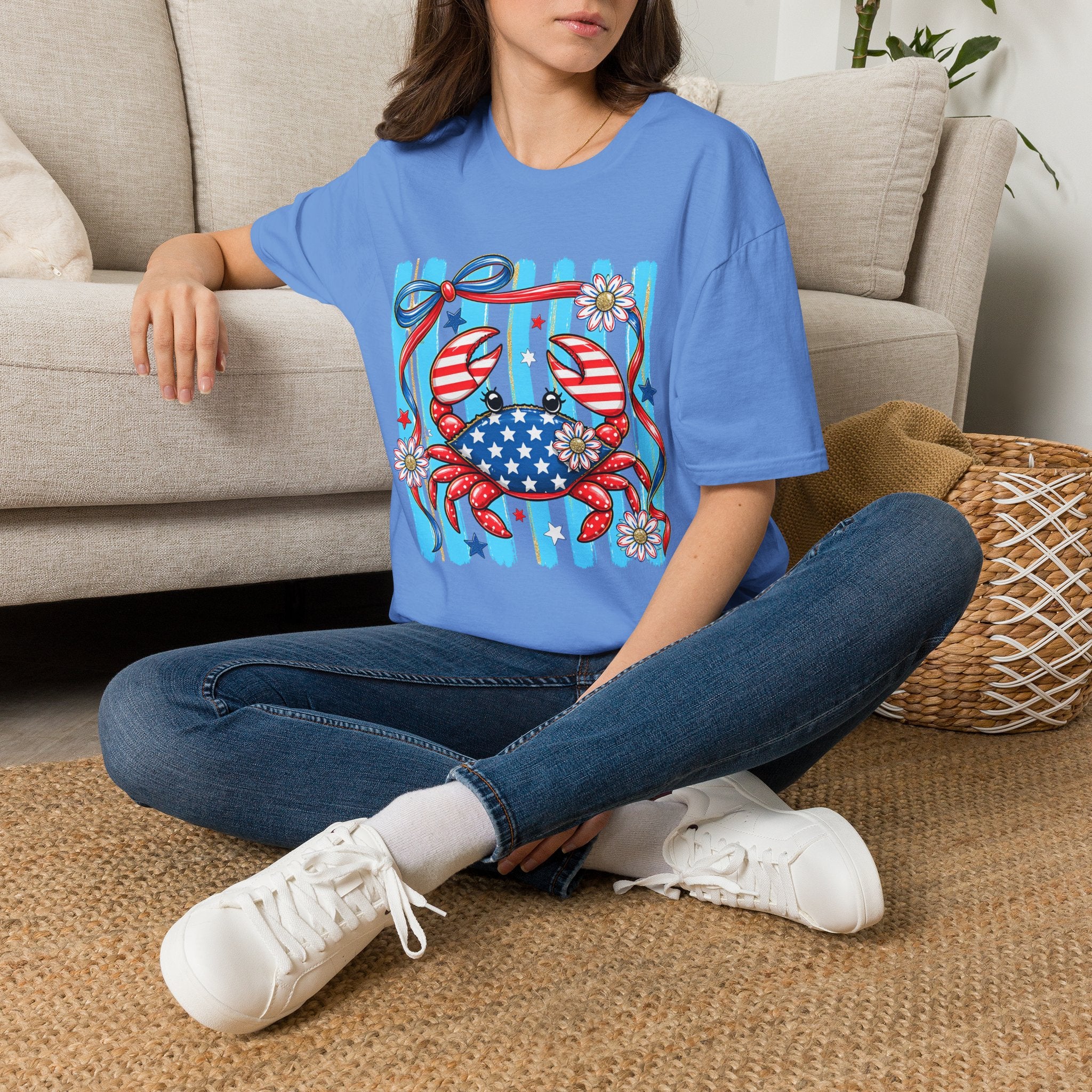 Patriotic Crab T-Shirt — American Flag Red White Blue Beach Tee Patriotic Crab T-Shirt — Preppy Cute and Funny Crab Tee. Midnight Eye, LLC.
