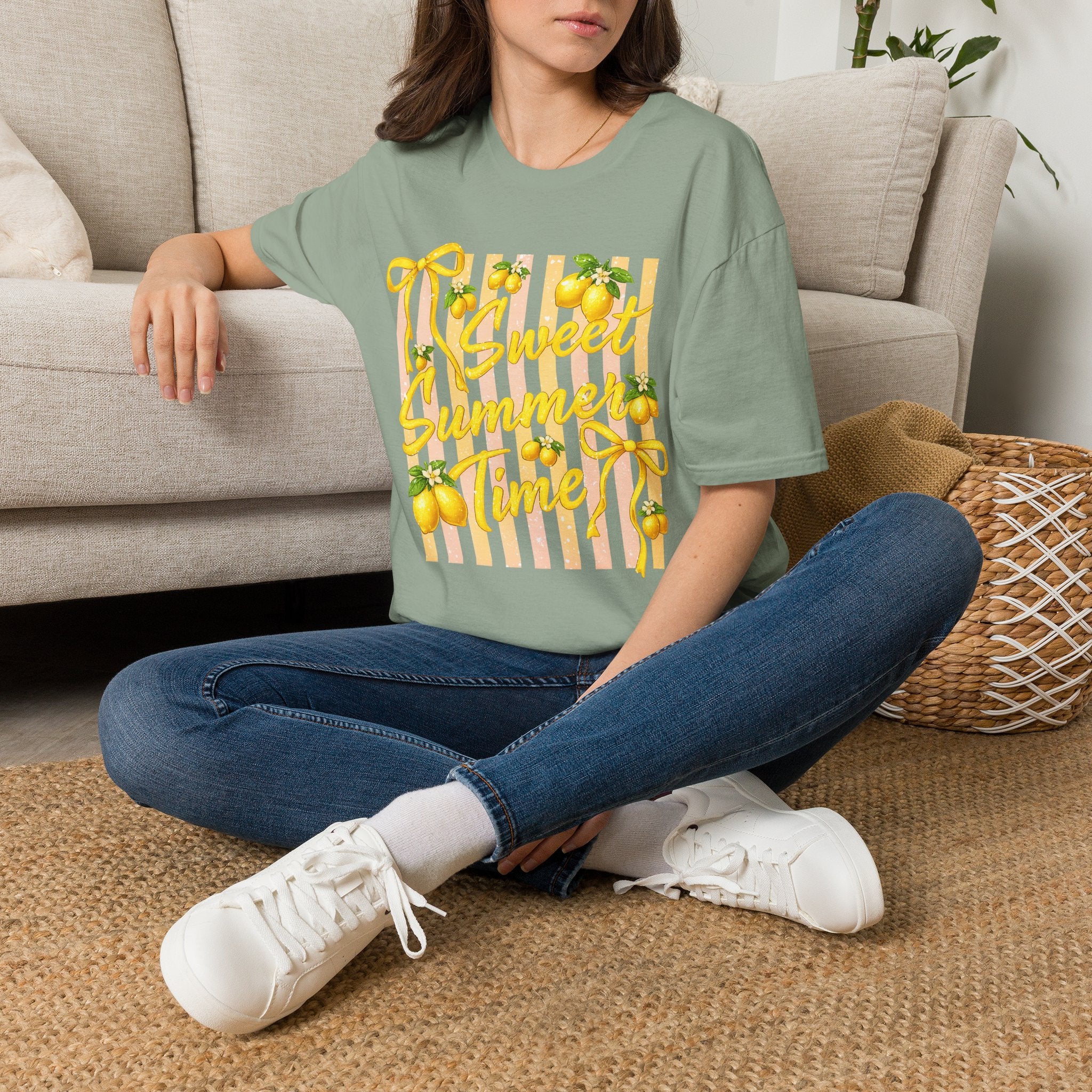 Sweet Summer Lemon Striped T-Shirt - Cute Bows Colorful Summer T-Shirt. Midnight Eye, LLC