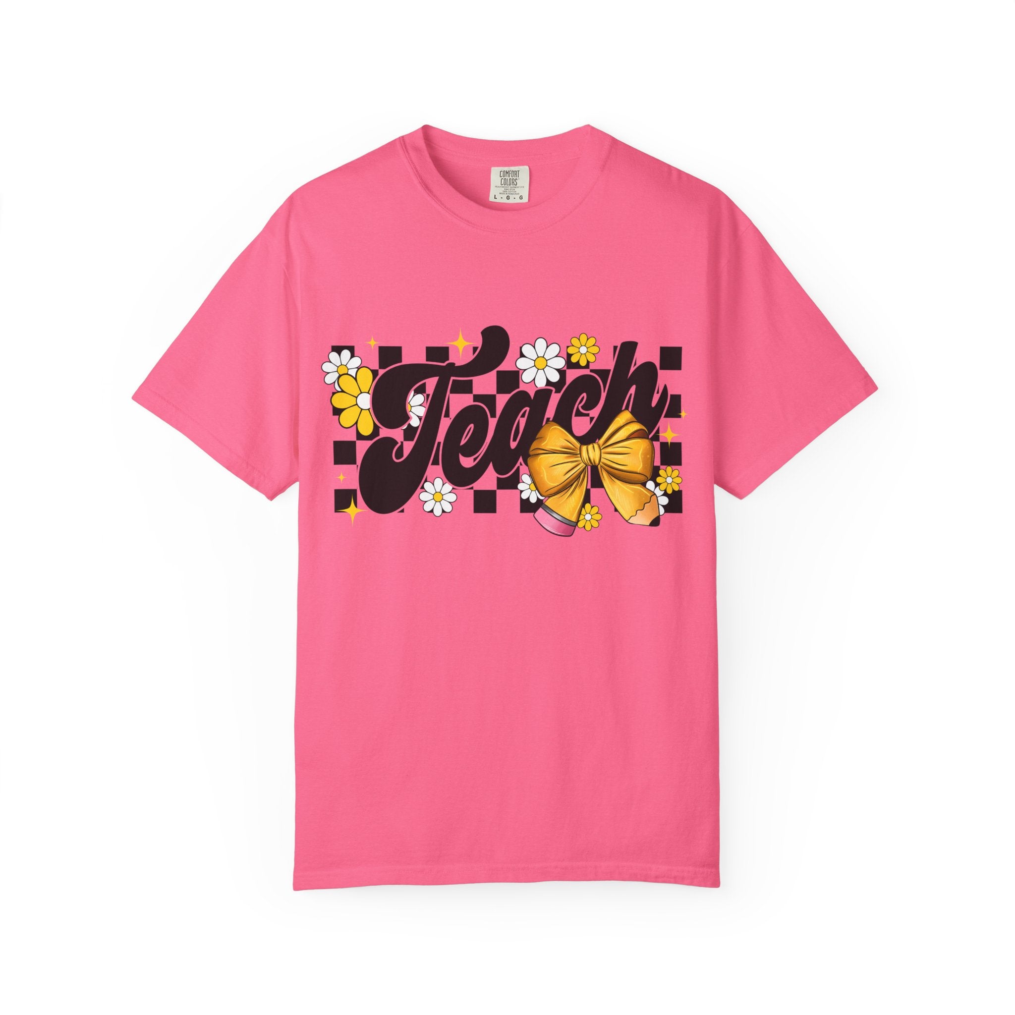 Teacher Floral Bow T-Shirt — 'Teach' Checkerboard Design