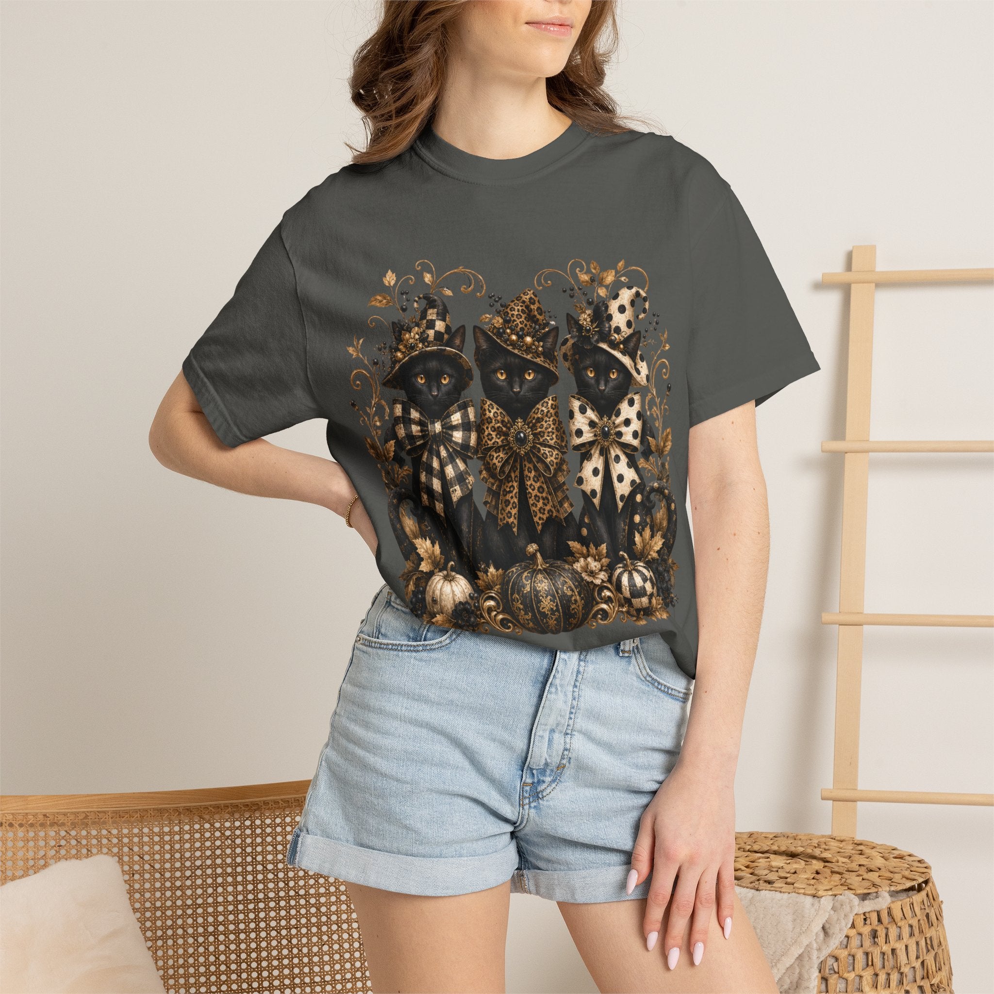 Halloween Black Cats & Pumpkins T-Shirt — Autumn Spooky Vintage Tee. Midnight Eye, LLC