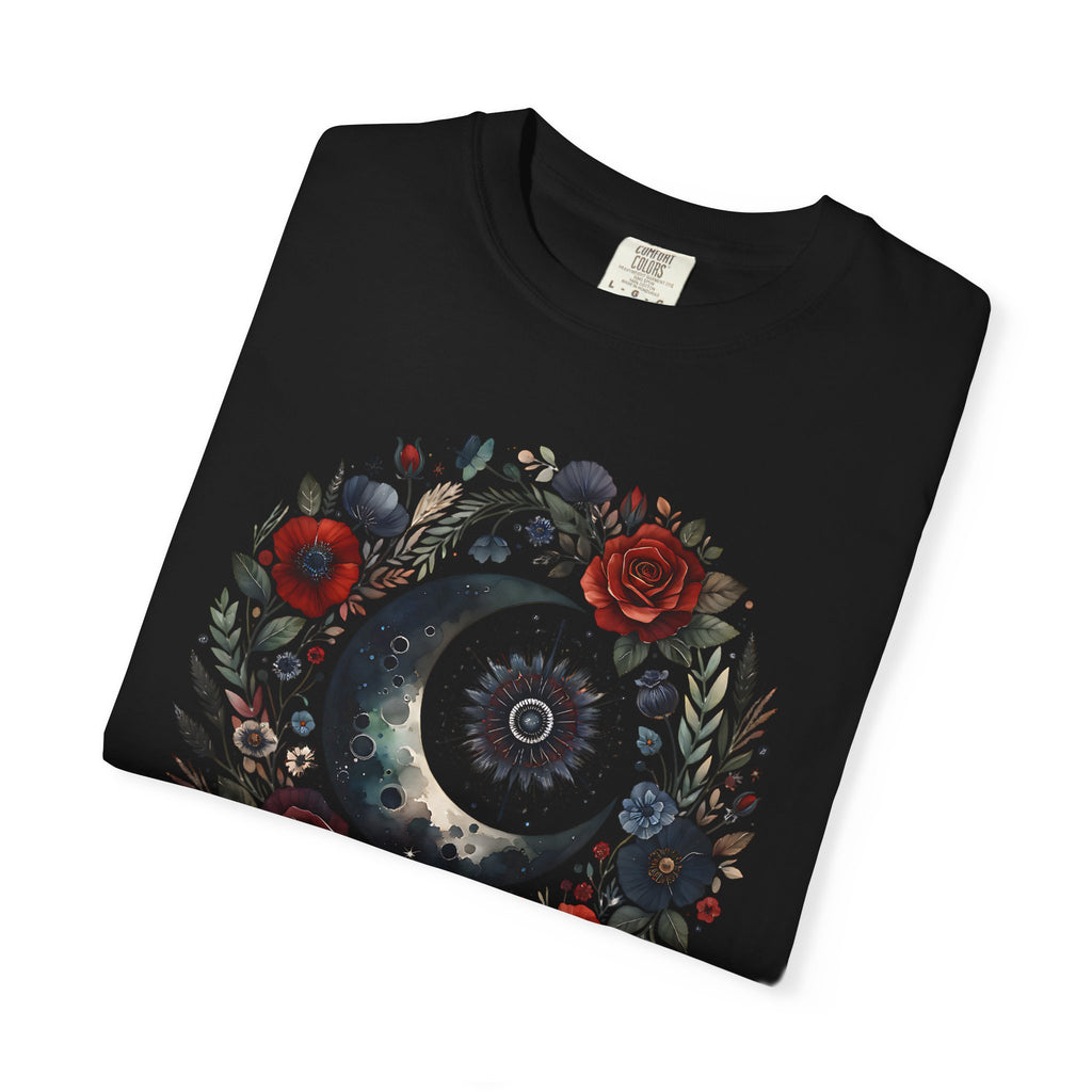 Mystical Moon T-Shirt — “Stay Mystical” Floral Crescent Tee - Dark Aesthetic T-Shirt. Midnight Eye, LLC.