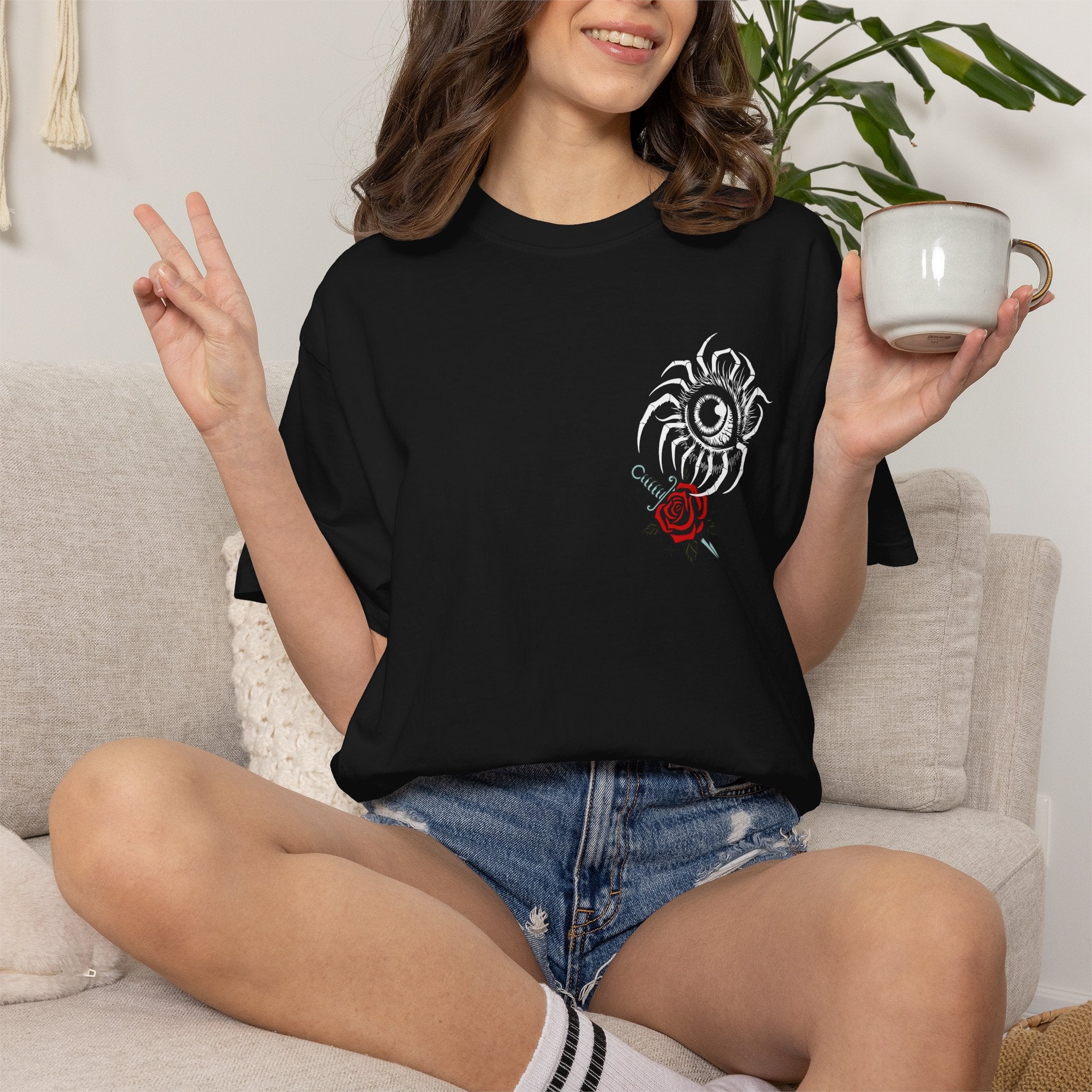 Skull & Red Rose Graphic T-Shirt — Midnight Rose Back Print - Eye T-Shirt - Mystical Tee - Dark Aesthetic Tee - Midnight Eye, LLC