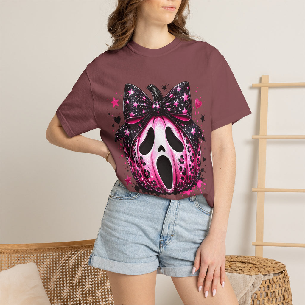 Ghost Face Pumpkin T‑Shirt — Cute Pink Halloween Tee. Midnight Eye, LLC