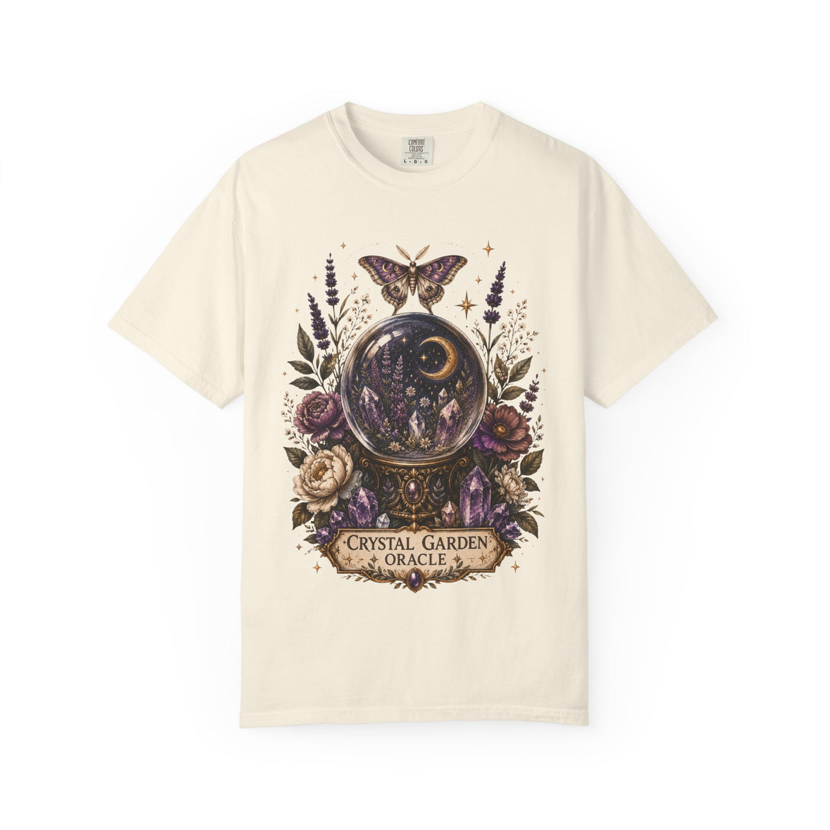 Crystal Garden Oracle T-Shirt — Mystical Moon & Crystal Ball Graphic Tee. Midnight Eye, LLC