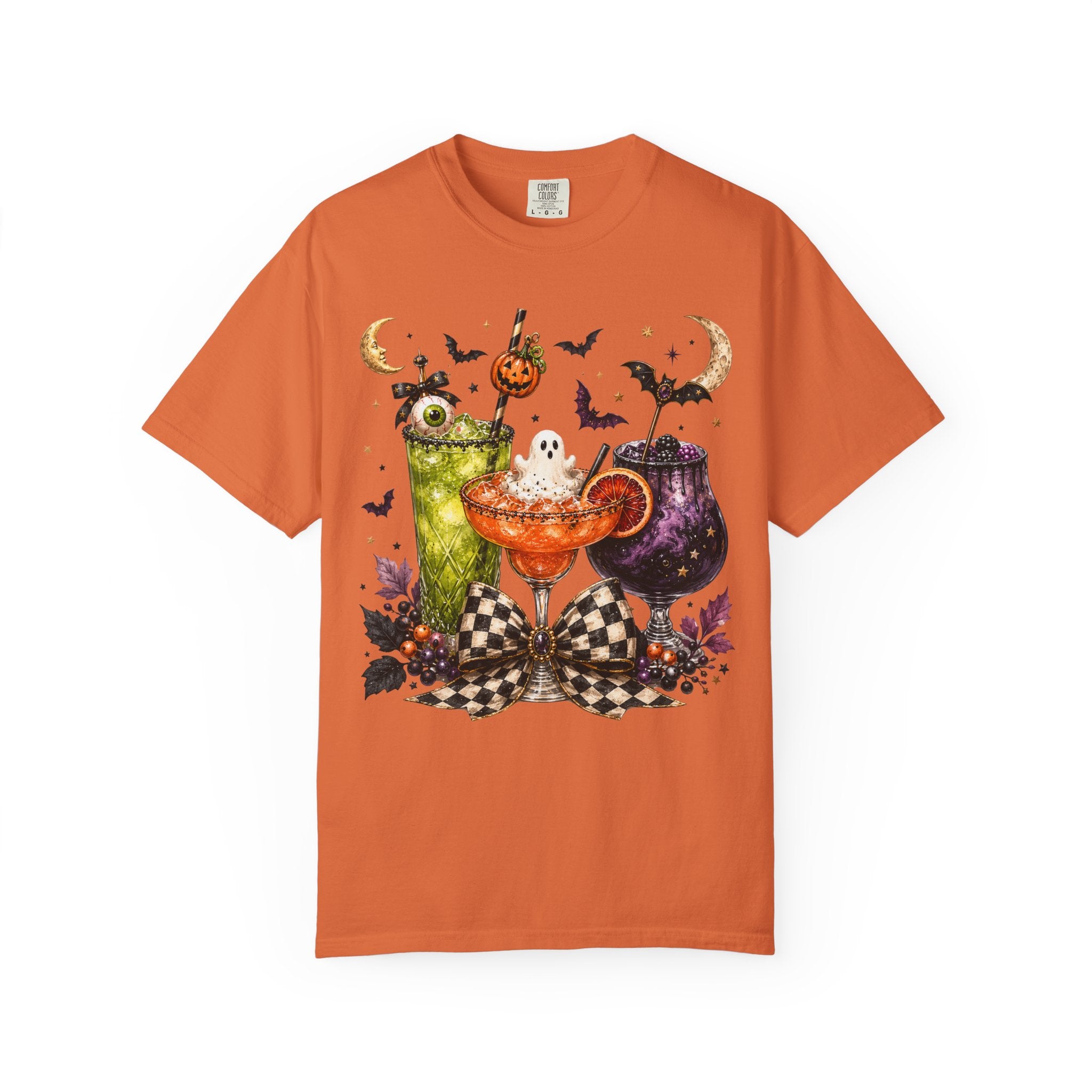 Halloween Cocktail T-Shirt — Spooky Drinks, Cute Bats & Pumpkins. Midnight Eye, LLC