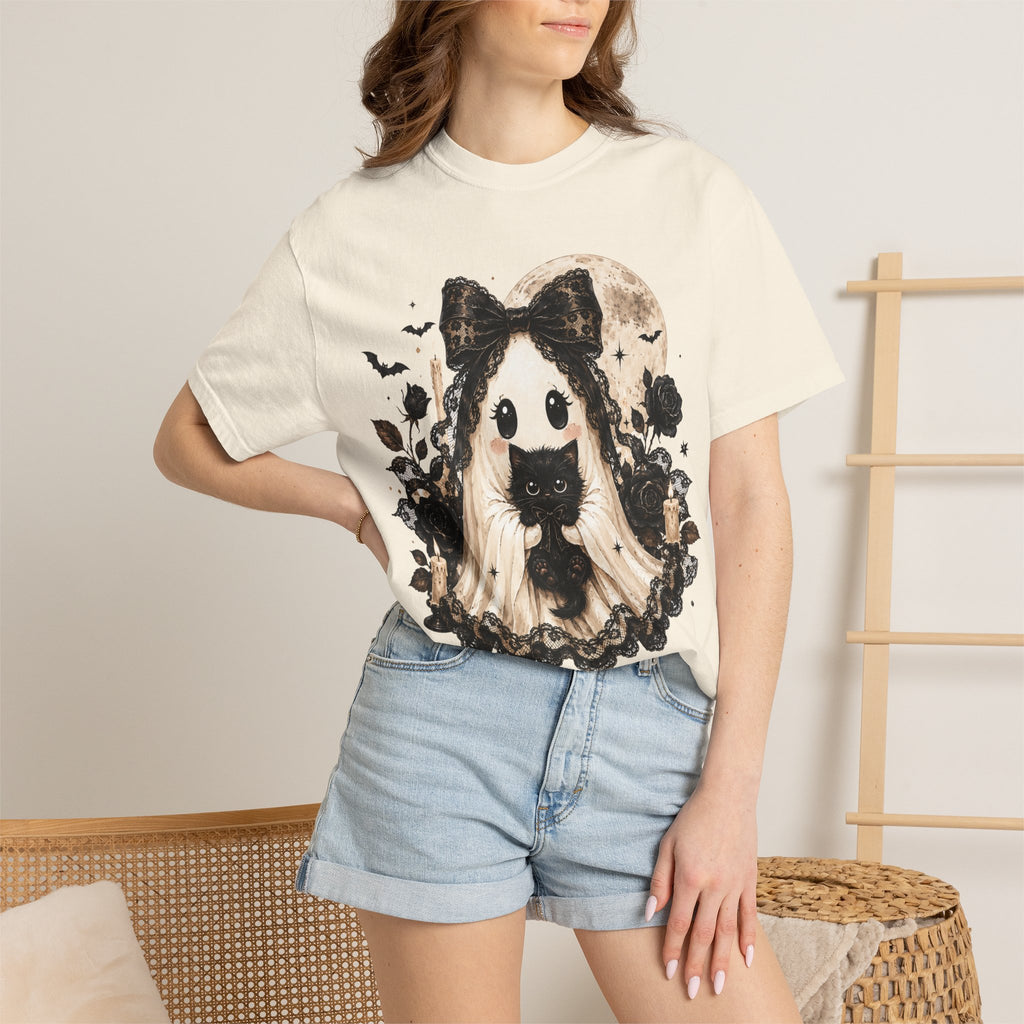 Halloween Gothic Girl Ghost with Black Cat T-Shirt - Whimsy Goth Halloween Tee