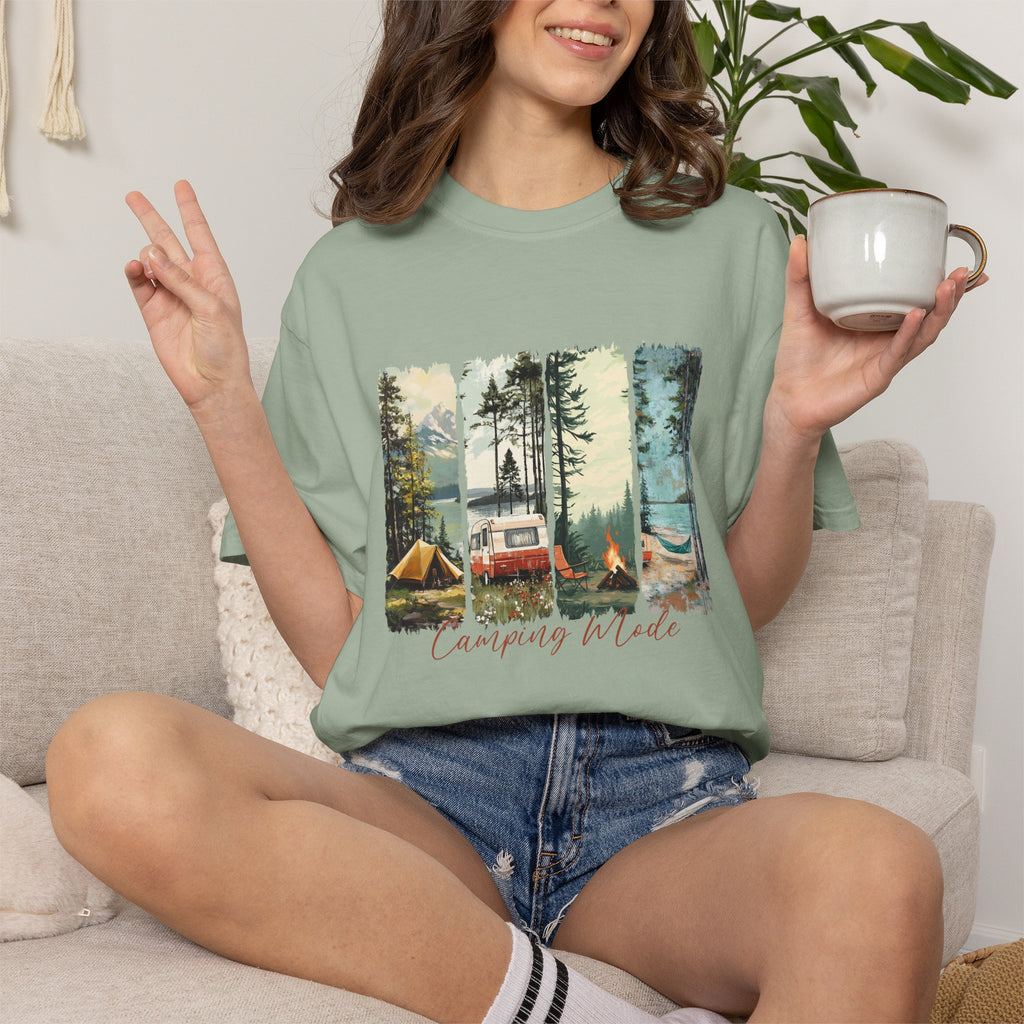 Camping Vibes T-Shirt — 'Camping Mode' Scenic Camper Retro Graphic Tee - Family Adventure Tee - Outdoor Tee - Midnight Eye, LLC