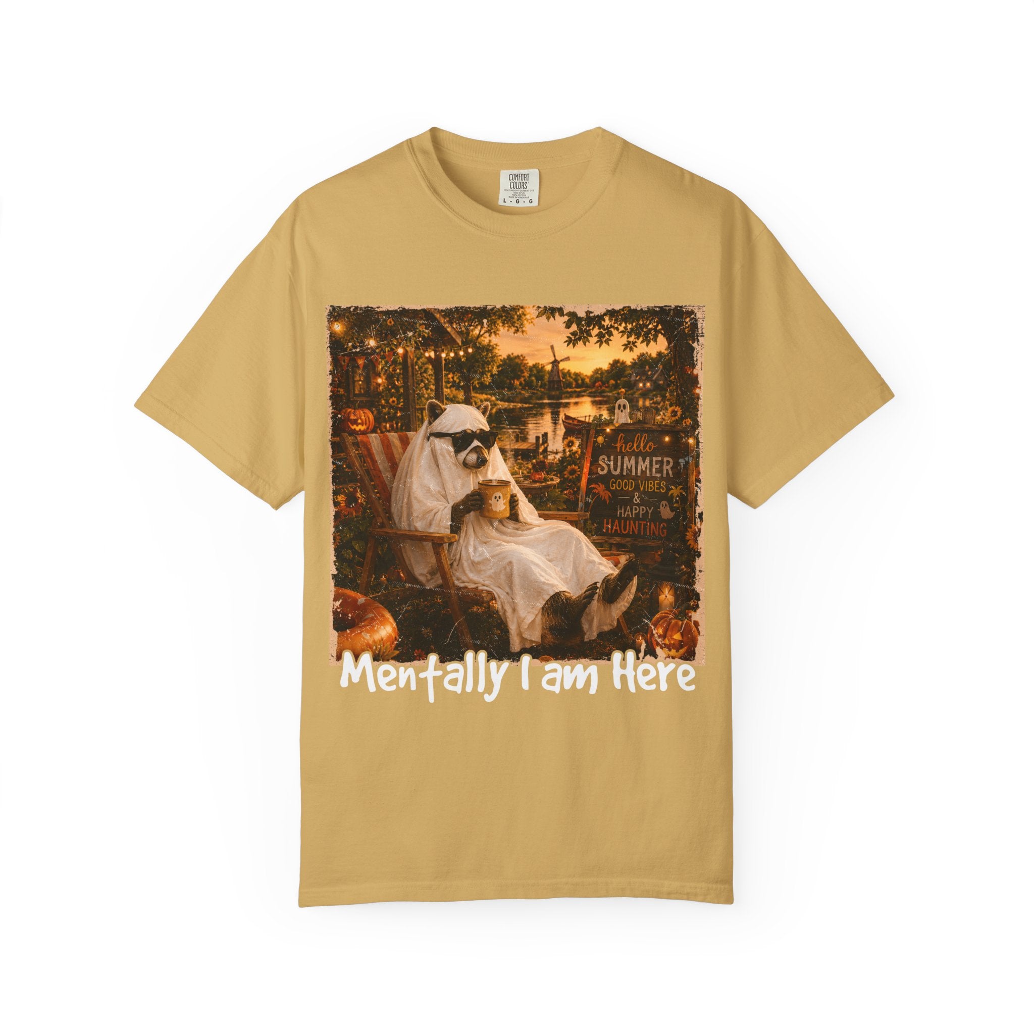 Mentally I Am Here Beach Racoon T-Shirt - Ghost Racoon Summerween Tee