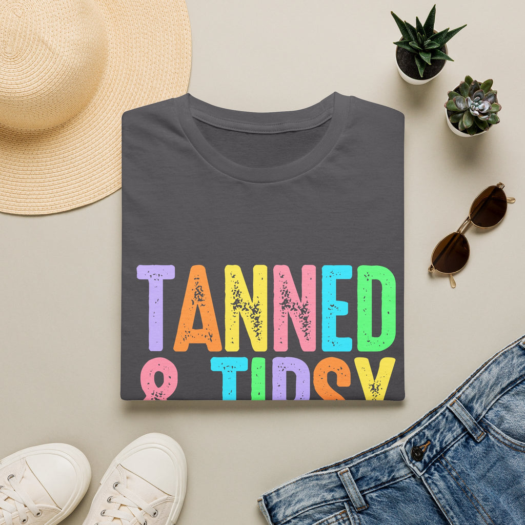 Tanned & Tipsy Beach Vacation T-Shirt - Colorful Vacation T-Shirt - Funny Summer Tee. Midnight Eye, LLC.
