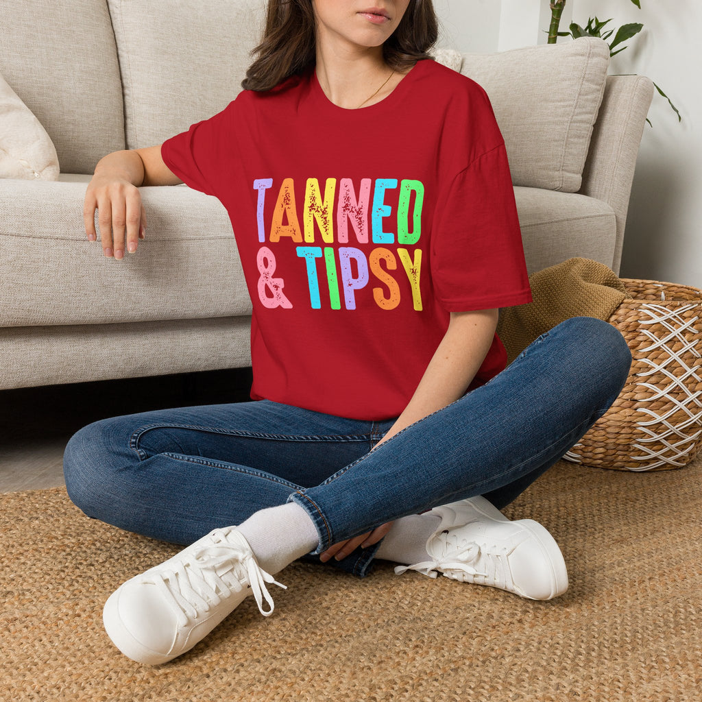 Tanned & Tipsy Beach Vacation T-Shirt - Colorful Vacation T-Shirt - Funny Summer Tee. Midnight Eye, LLC.