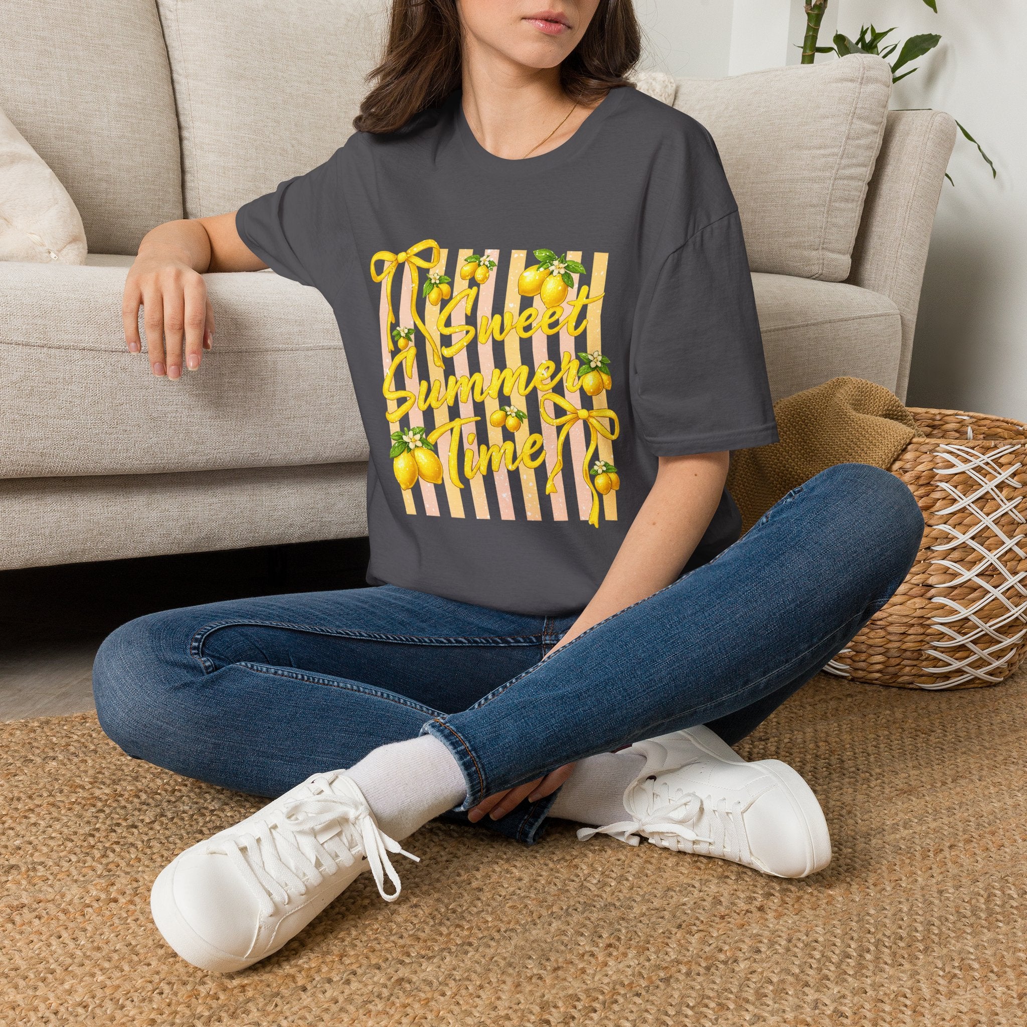 Sweet Summer Lemon Striped T-Shirt - Cute Bows Colorful Summer T-Shirt