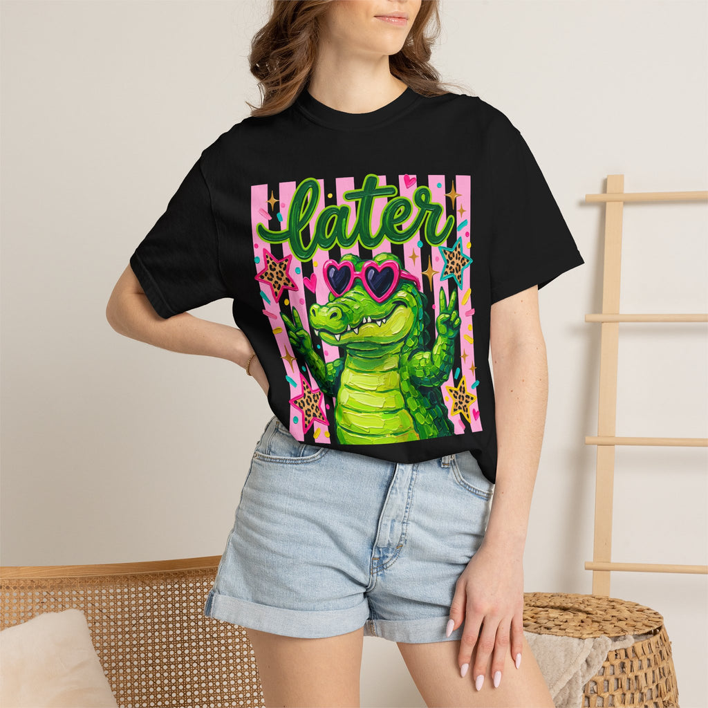 Funny Coquette Faux Brushstroke Stripped T-Shirt - Funny Alligator with Sunglasses Tee