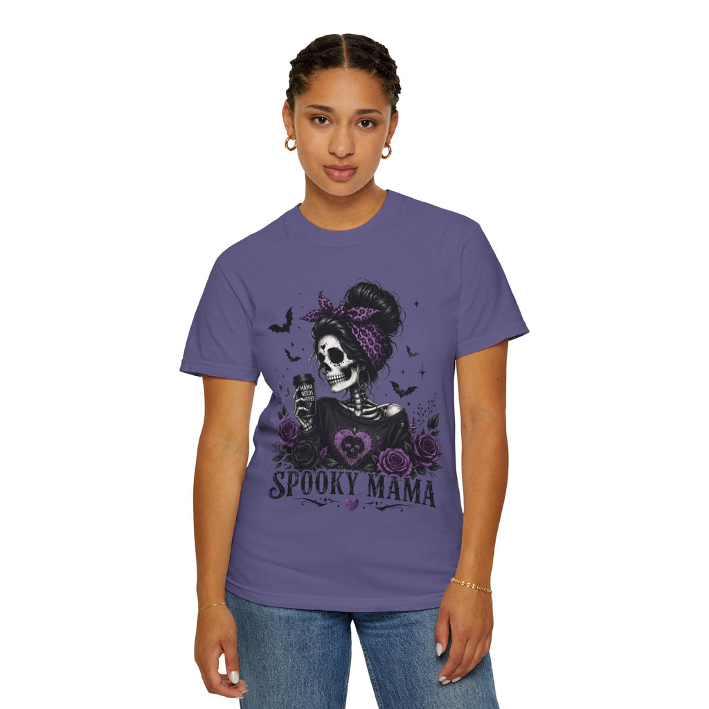 Spooky Mama T-Shirt — Gothic Skull  and Bats Mom Tee with Purple Roses. Midnight Eye, LLC. 