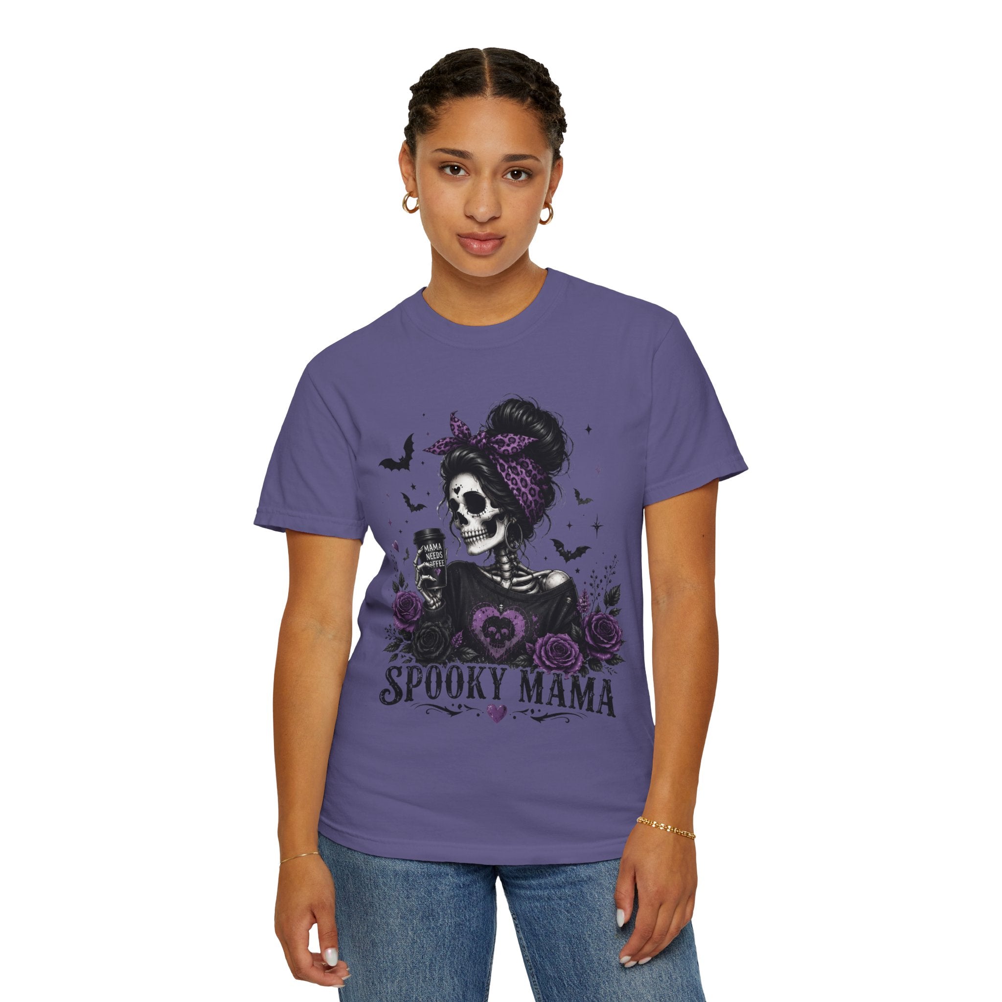 Spooky Mama T-Shirt — Gothic Skull  and Bats Mom Tee with Purple Roses. Midnight Eye, LLC. 
