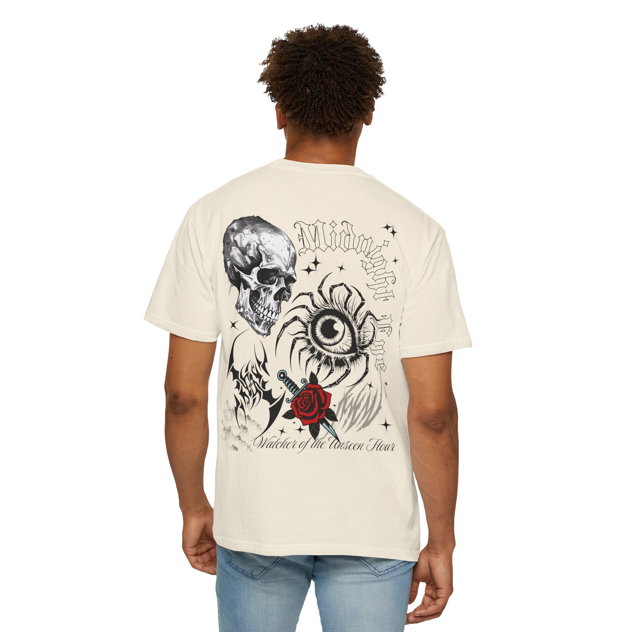 Graphic Skull & Red Rose Gothic T‑Shirt - Edgy Streetwear T-Shirt - Vintage Tee - Dark Aesthetic Tee - Midnight Eye, LLC
