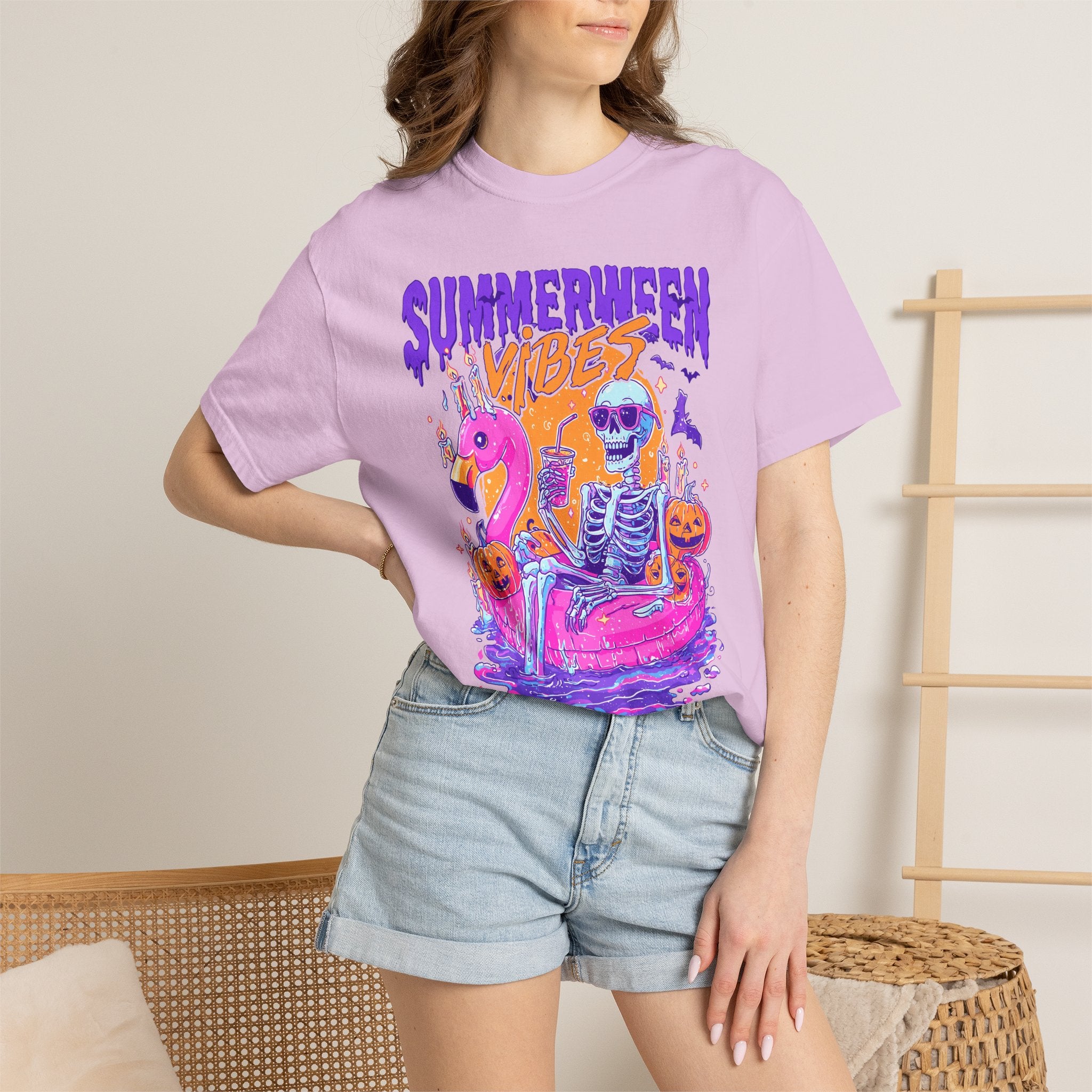 Summerween Vibes T-Shirt — Flamingo Pool Skeleton Halloween in Summer Tee - Midnight Eye, LLC
