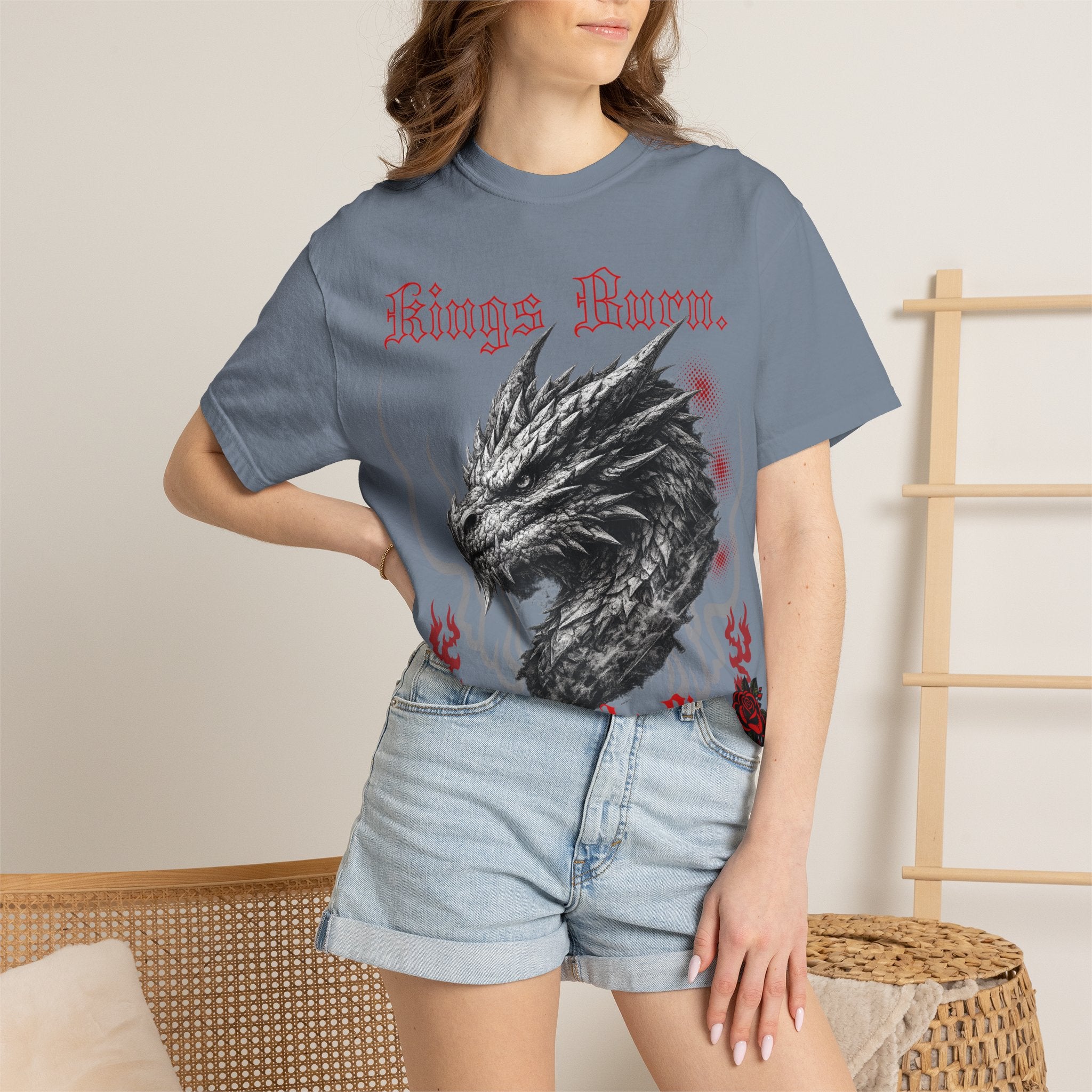 Dragon Head T-Shirt — "Kings Burn. Legends Rise." Red Rose Tattoo Graphic T-Shirt. Midnight Eye, LLC.