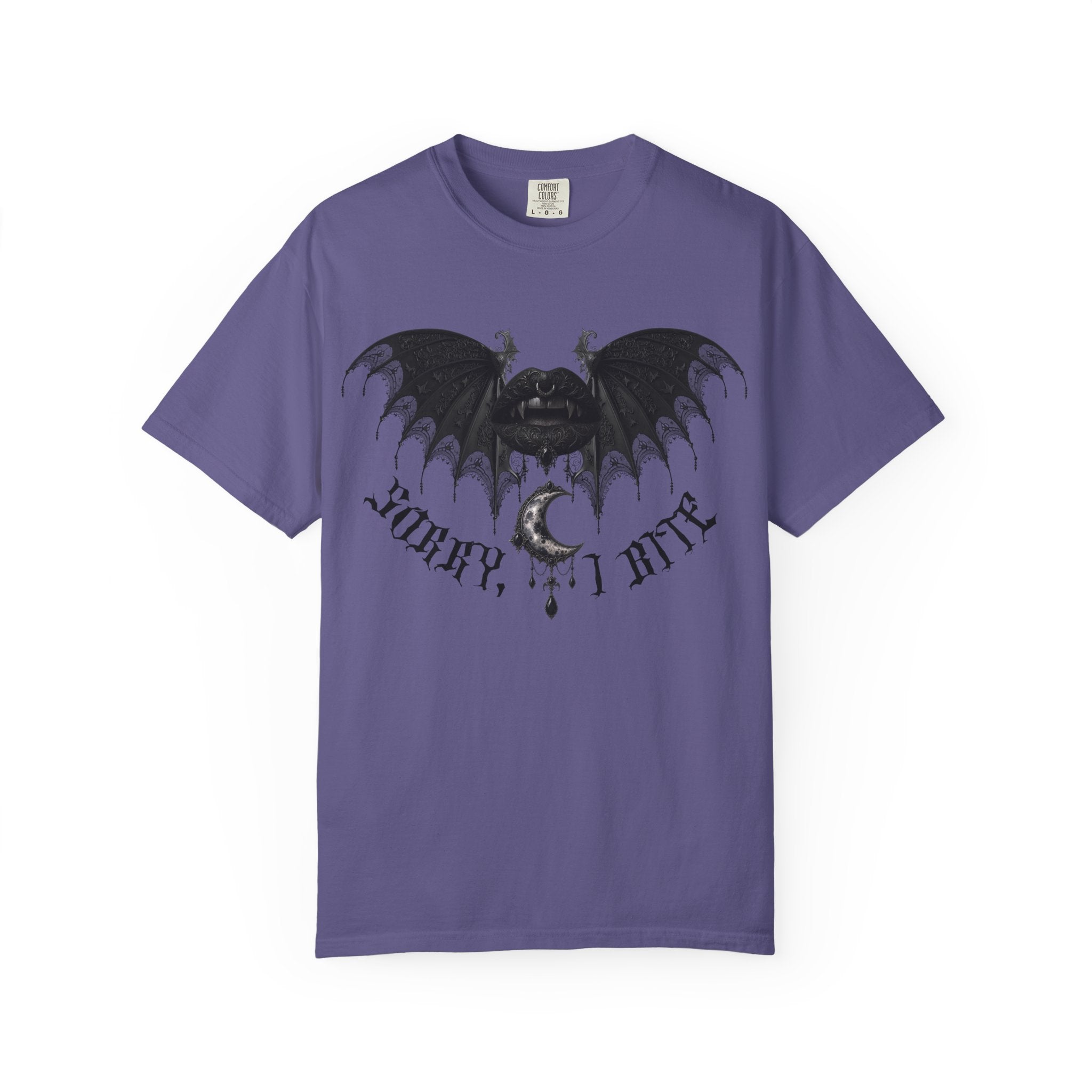 Gothic Bat Wings T‑Shirt — Dark Vampire Black Lips Graphic Tee. Midnight Eye, LLC