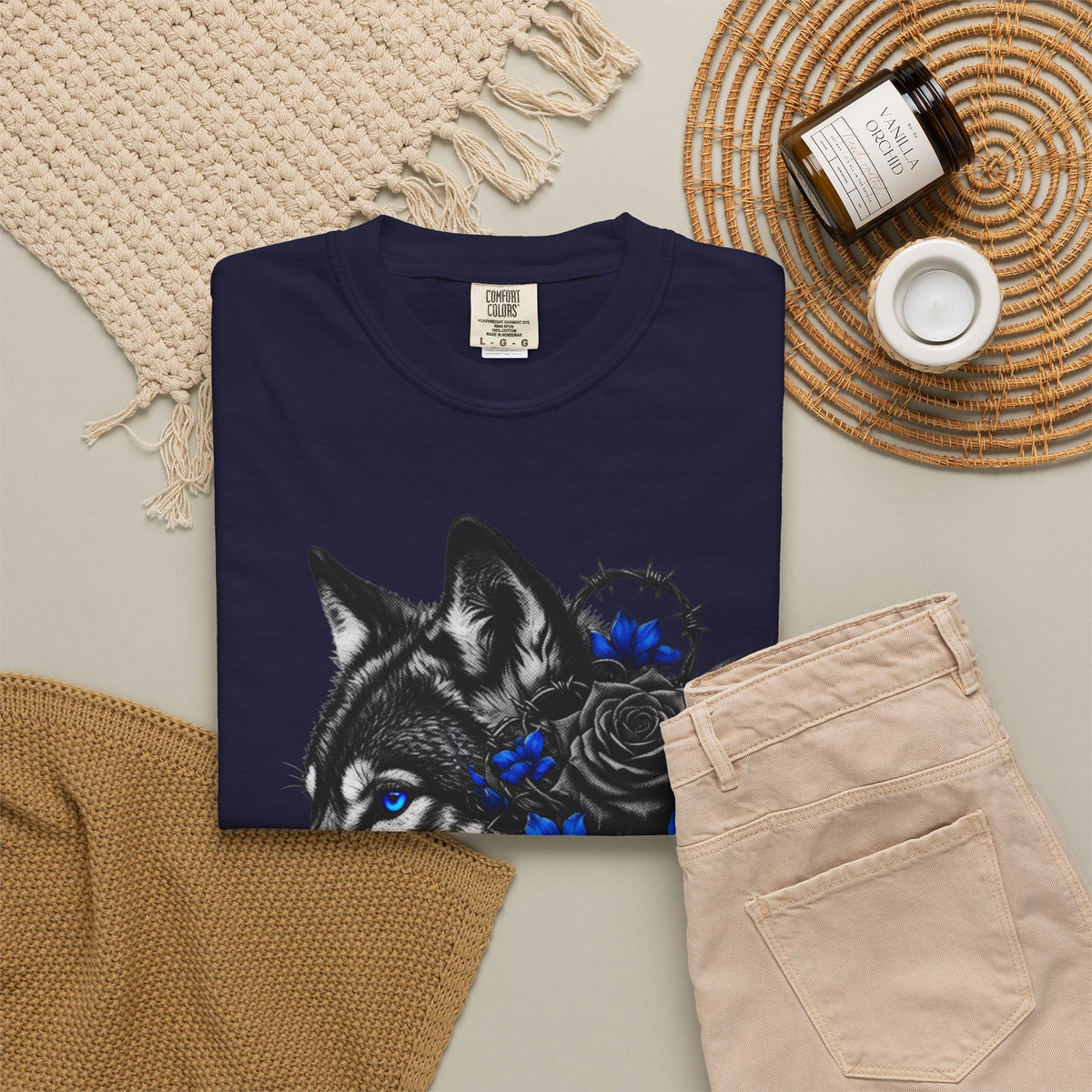 Wolf Floral T-Shirt — "Untamed" Graphic Tee with Blue & Black Roses