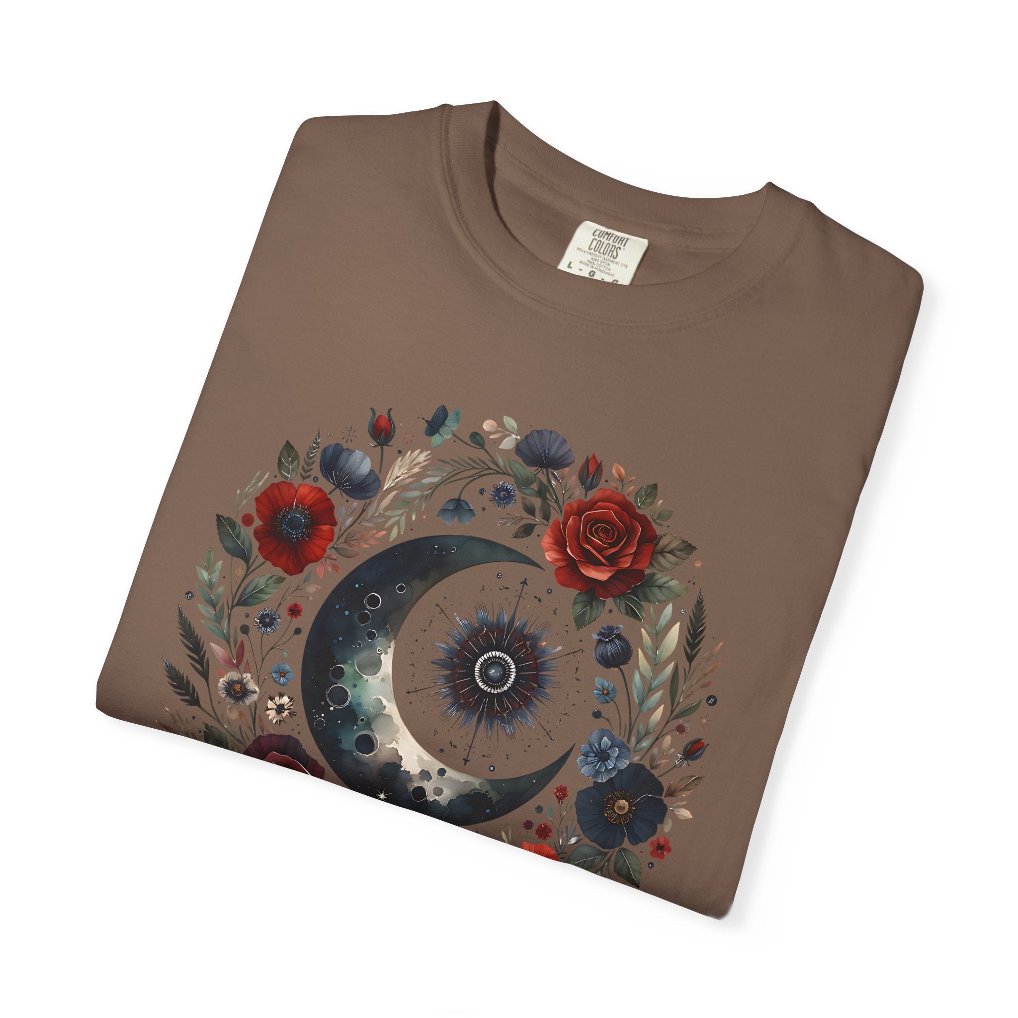 Mystical Moon T-Shirt — “Stay Mystical” Floral Crescent Tee - Dark Aesthetic T-Shirt. Midnight Eye, LLC.