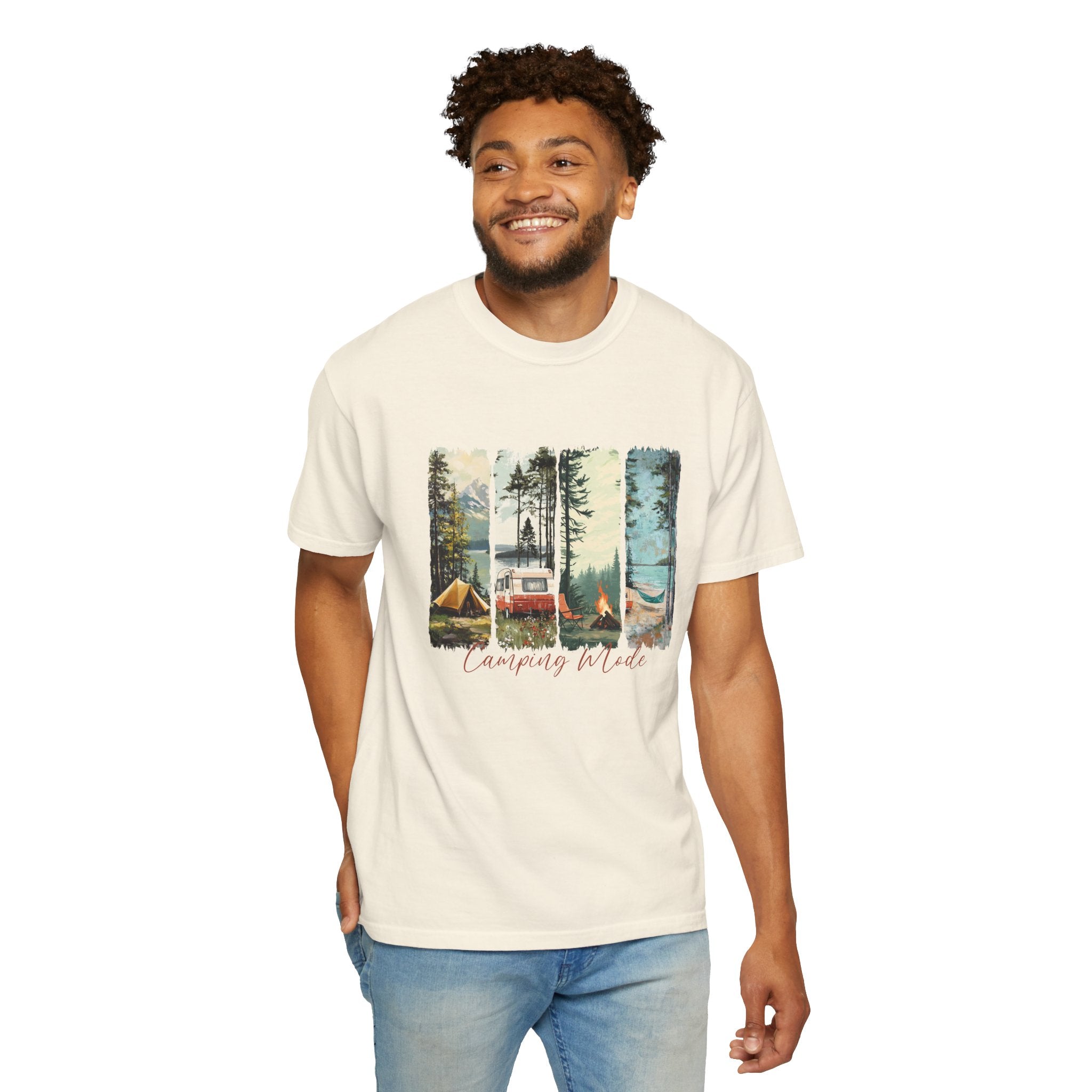 Camping Vibes T-Shirt — 'Camping Mode' Scenic Camper Retro Graphic Tee - Family Adventure Tee - Outdoor Tee - Midnight Eye, LLC