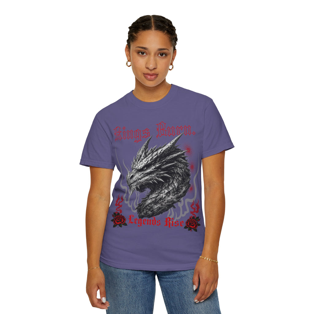 Dragon Head T-Shirt — "Kings Burn. Legends Rise." Red Rose Tattoo Graphic T-Shirt. Midnight Eye, LLC.