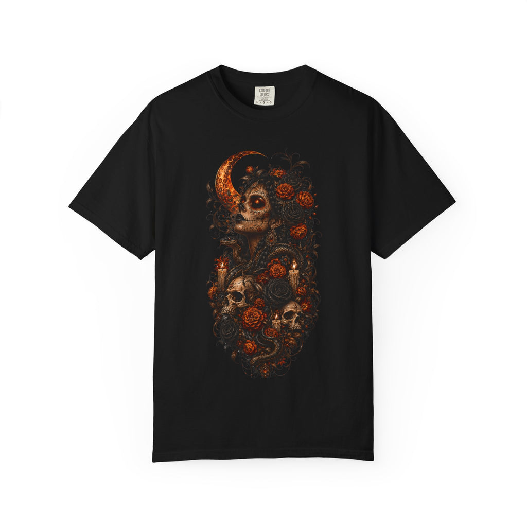 Skull & Rose Moon Tee — Gothic Floral Graphic T-Shirt - Day of the Dead Tee. Midnight Eye, LLC