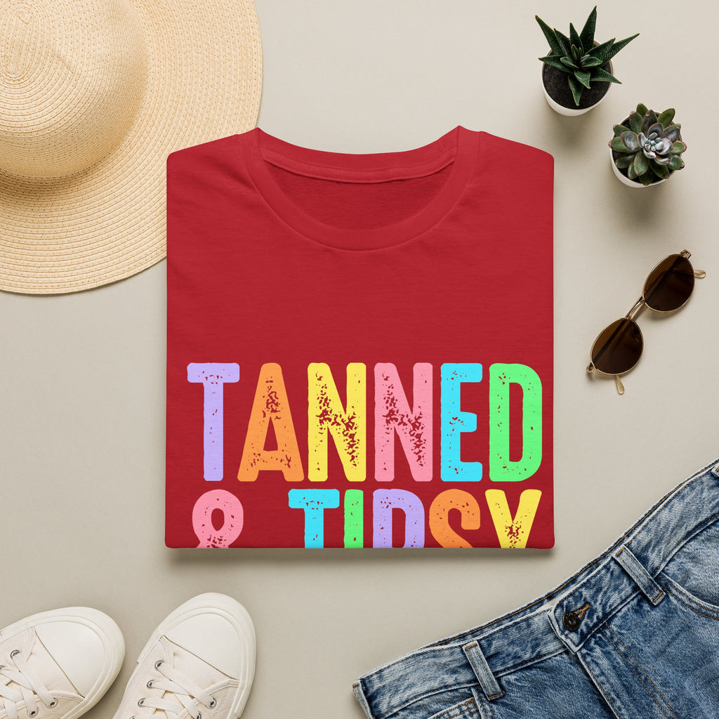 Tanned & Tipsy Beach Vacation T-Shirt - Colorful Vacation T-Shirt - Funny Summer Tee. Midnight Eye, LLC.
