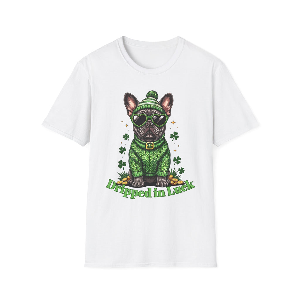White t-shirt with a dog graphic wearing a green sweater and hat, text 'Dipped in Luck' on a white background