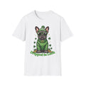 White t-shirt with a dog graphic wearing a green sweater and hat, text 'Dipped in Luck' on a white background