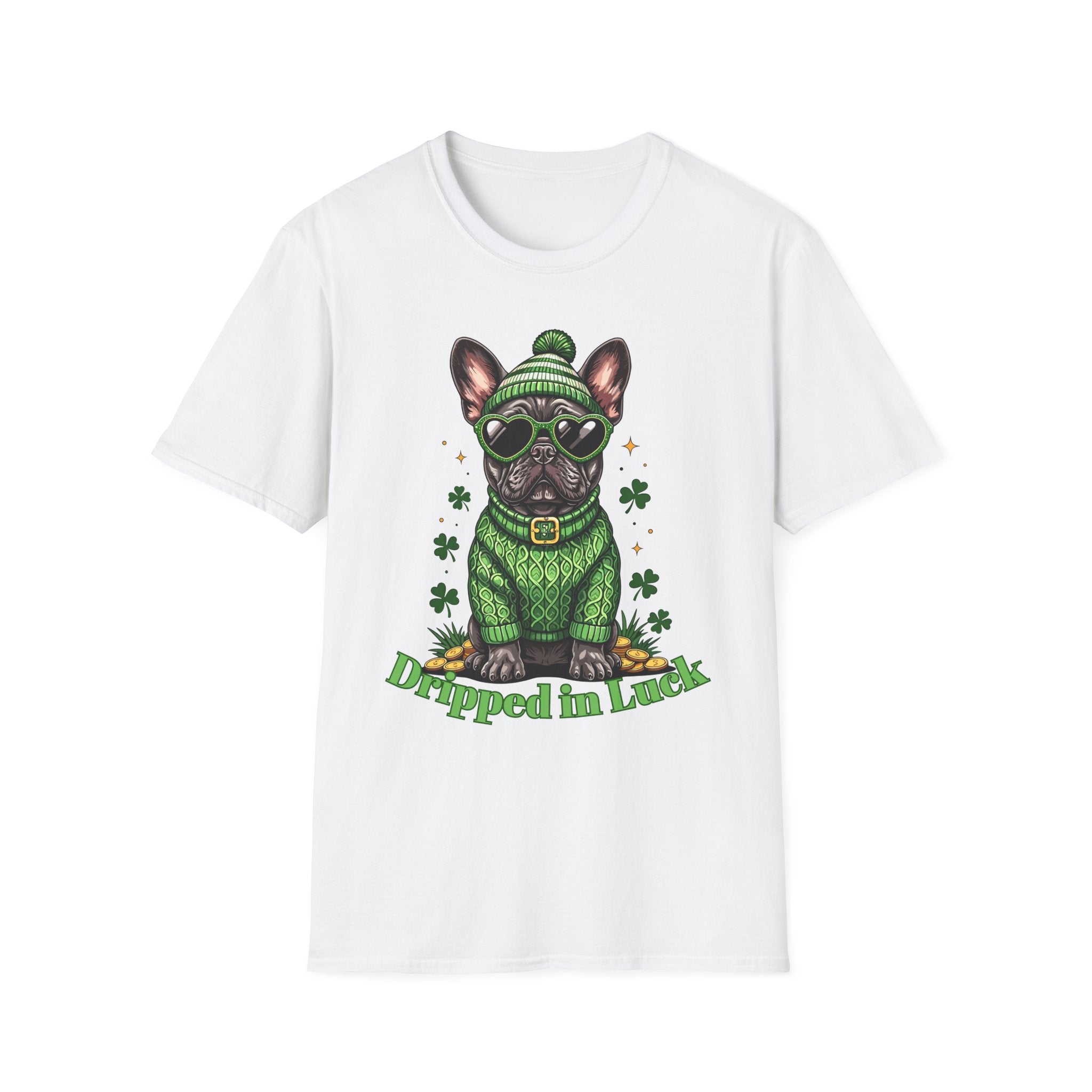 White t-shirt with a dog graphic wearing a green sweater and hat, text 'Dipped in Luck' on a white background
