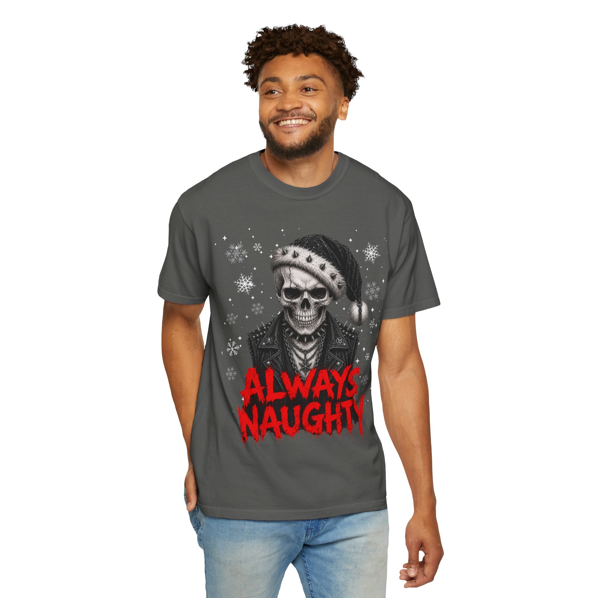 Skull with Santa Hat “Always Naughty” T-Shirt - Alternative & Gothic Christmas Tee. Midnight Eye, LLC 