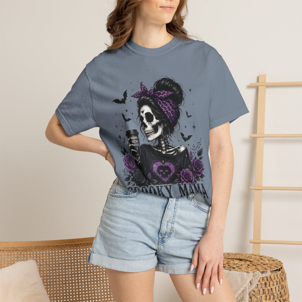 Spooky Mama T-Shirt — Gothic Skull  and Bats Mom Tee with Purple Roses. Midnight Eye, LLC. 