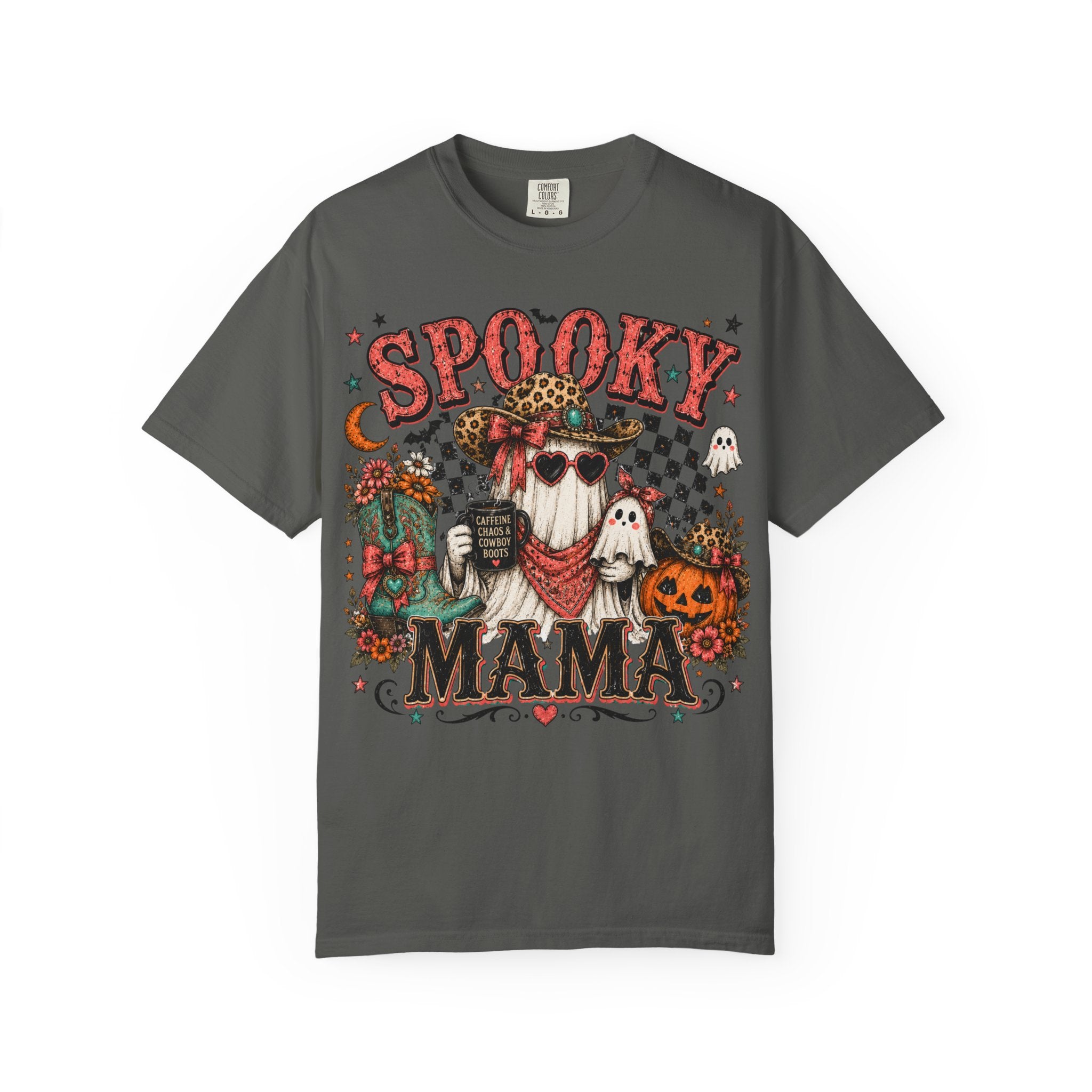 Spooky Mama T-Shirt — Vintage Halloween Ghosts & Pumpkin Graphic. Midnight Eye, LLC