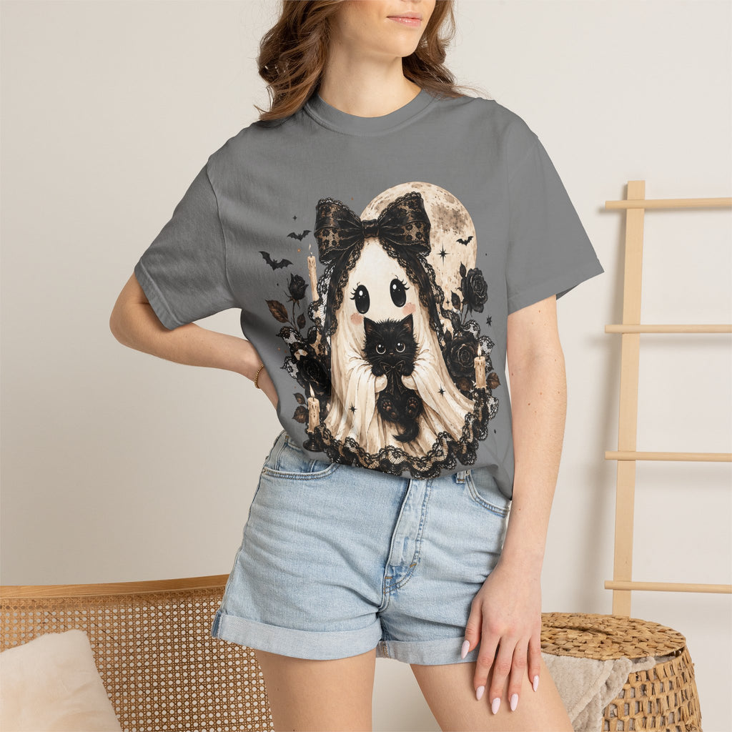 Halloween Gothic Girl Ghost with Black Cat T-Shirt - Whimsy Goth Halloween Tee
