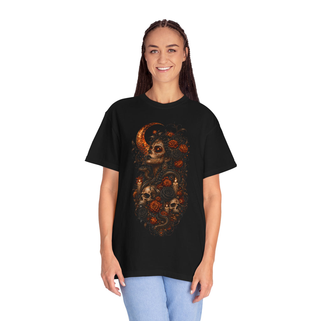 Skull & Rose Moon Tee — Gothic Floral Graphic T-Shirt - Day of the Dead Tee. Midnight Eye, LLC