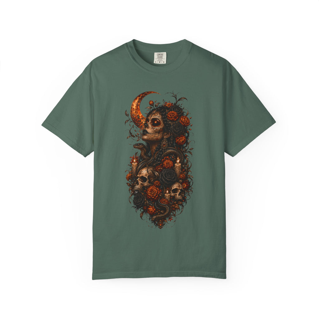 Skull & Rose Moon Tee — Gothic Floral Graphic T-Shirt - Day of the Dead Tee. Midnight Eye, LLC