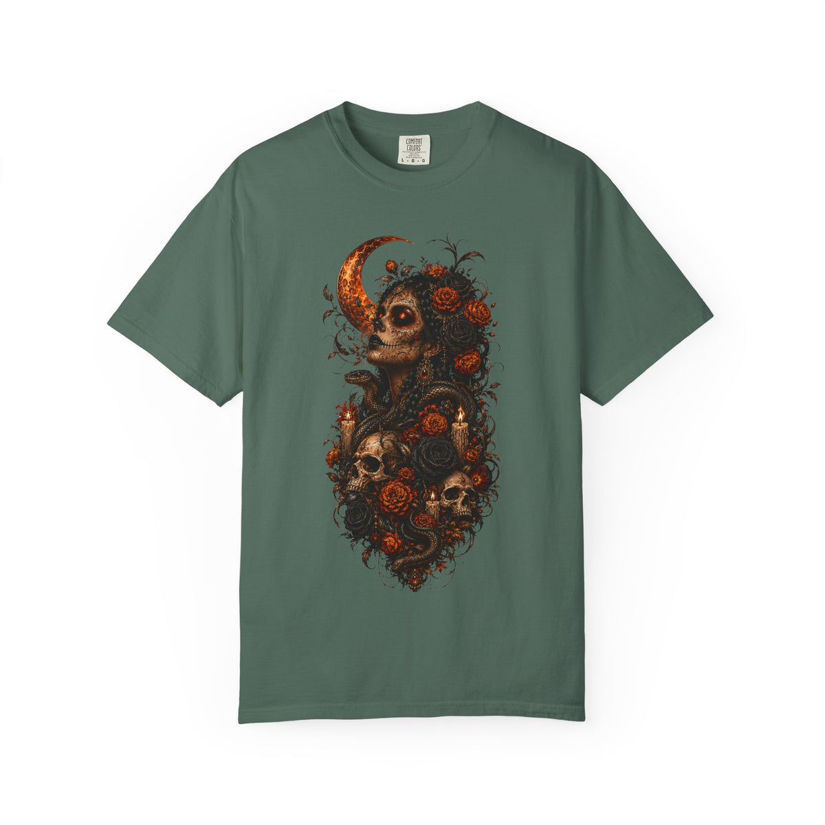Skull & Rose Moon Tee — Gothic Floral Graphic T-Shirt - Day of the Dead Tee. Midnight Eye, LLC