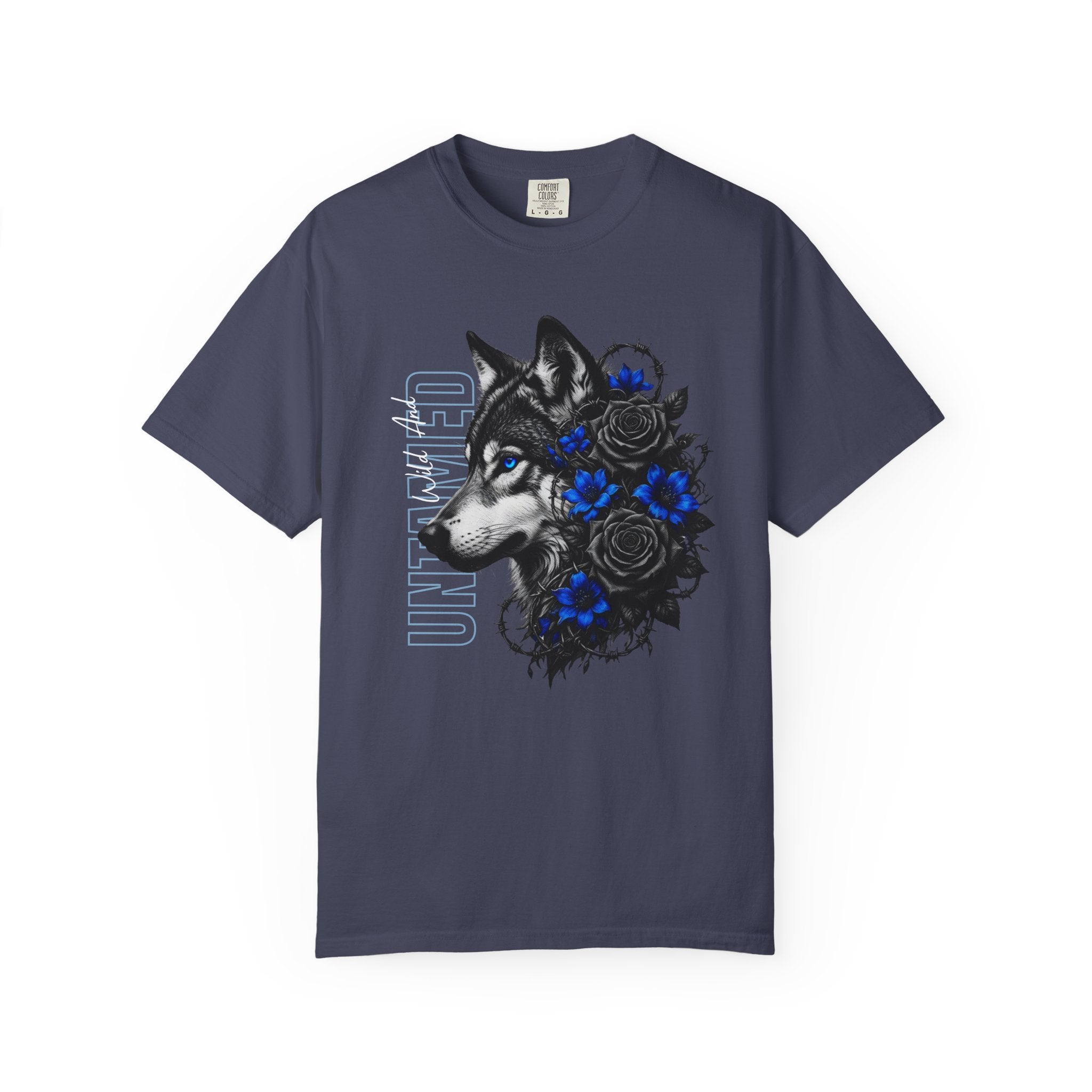 Wolf Floral T-Shirt — "Untamed" Graphic Tee with Blue & Black Roses. Midnight Eye, LLC.