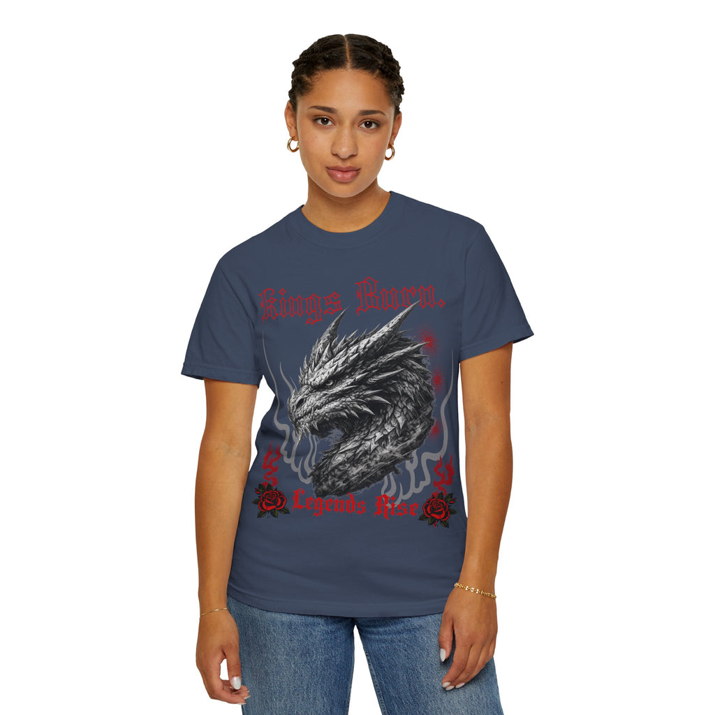 Dragon Head T-Shirt — "Kings Burn. Legends Rise." Red Rose Tattoo Graphic T-Shirt. Midnight Eye, LLC.