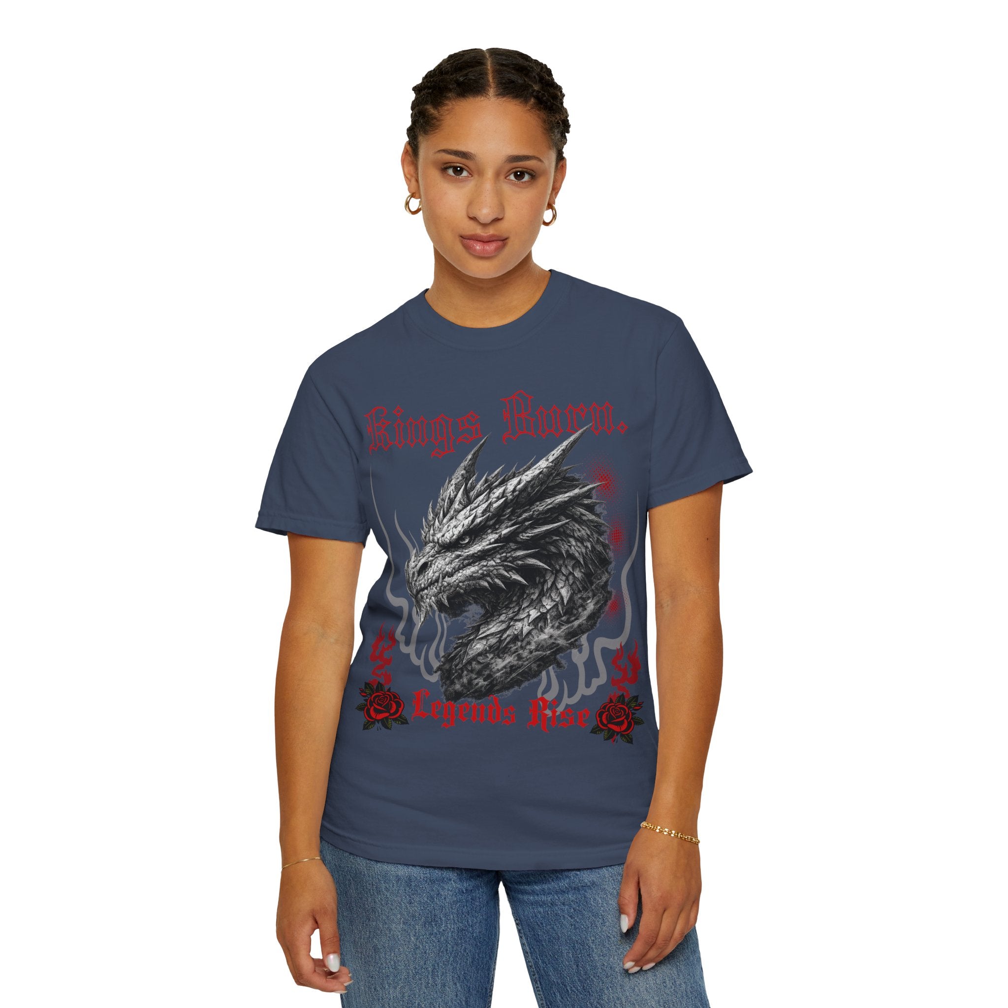 Dragon Head T-Shirt — "Kings Burn. Legends Rise." Red Rose Tattoo Graphic T-Shirt. Midnight Eye, LLC.