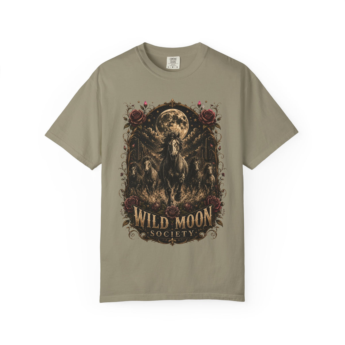 Wild Moon Society T-Shirt — Vintage Gothic Moon & Horse Graphic Tee. Midnight Eye, LLC.