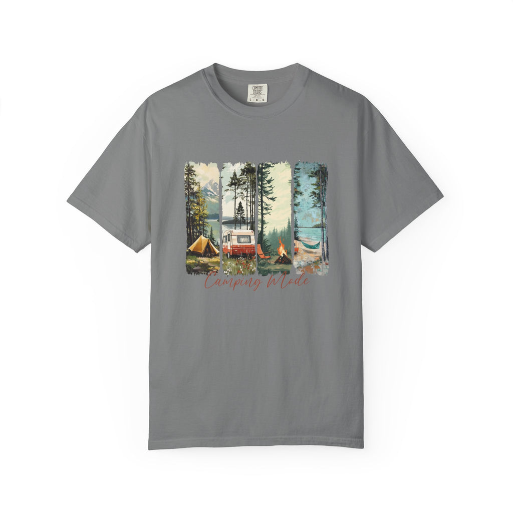 Camping Vibes T-Shirt — 'Camping Mode' Scenic Camper Retro Graphic Tee - Family Adventure Tee - Outdoor Tee - Midnight Eye, LLC