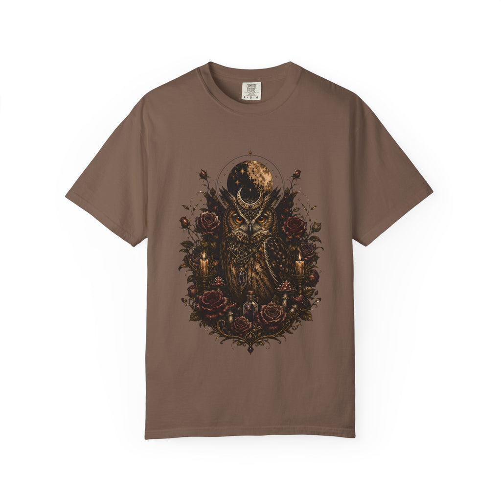 Owl Moon Graphic T-Shirt — Gothic Owl with Roses